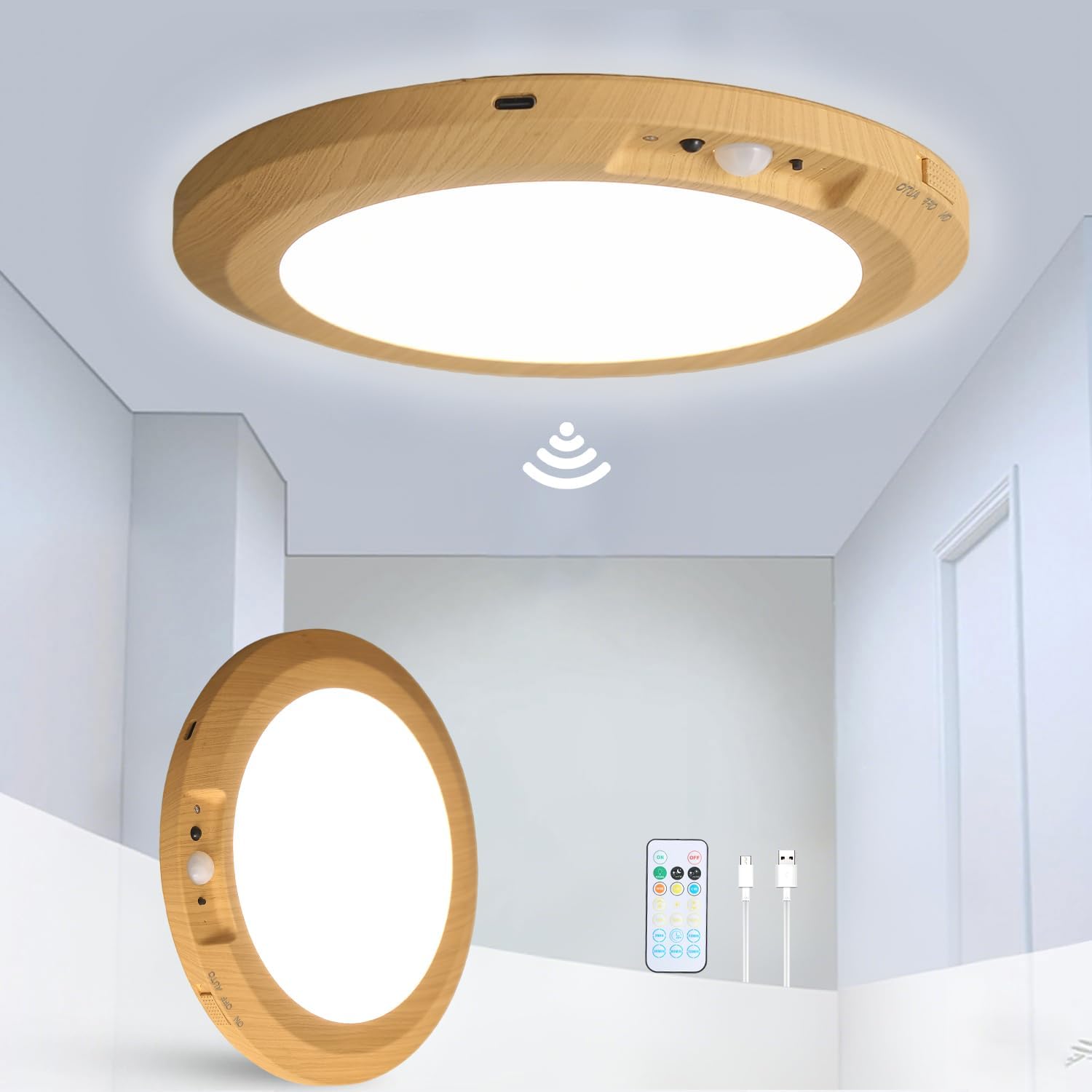 Akumulatorowy plafon LED z czujnikiem ruchu, mała lampa ścienna z pilotem, możliwość regulacji natężenia światła, 3 kolory, 18 cm (7000 mAh)
