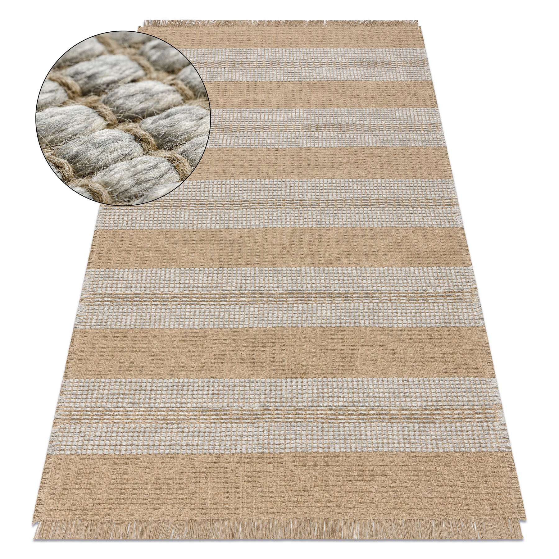 Dywan JUTE 3734 beż / szary pasy - jutowy, płaskotkany, frędzle 60x100 cm