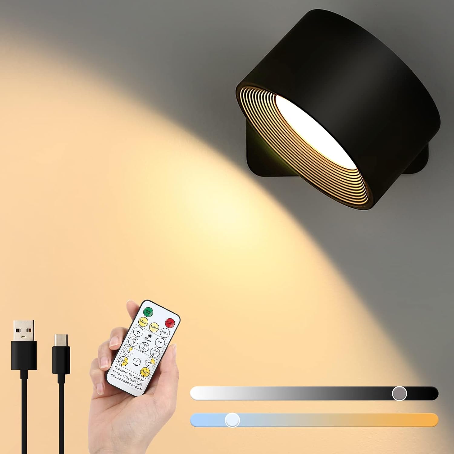 Lampa ścienna LED, kula magnetyczna obracająca się o 360°, z pilotem, lampa ścienna do czytania z 3 temperaturami barwowymi