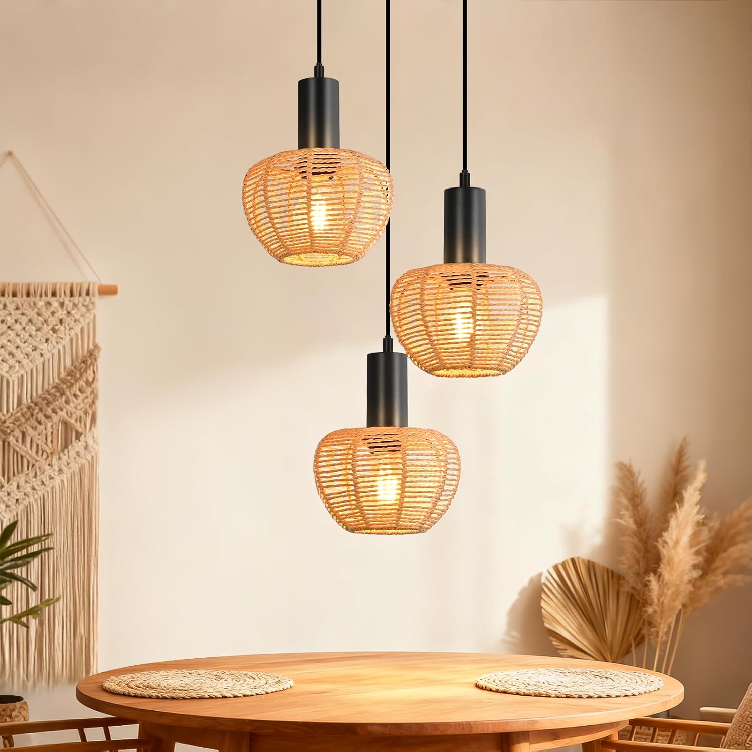 Lampa wisząca Nettlife Boho Rattan z 3 żarówkami – żyrandol z plecionej liny konopnej w stylu vintage, E27 (żarówki nie są dołączone)