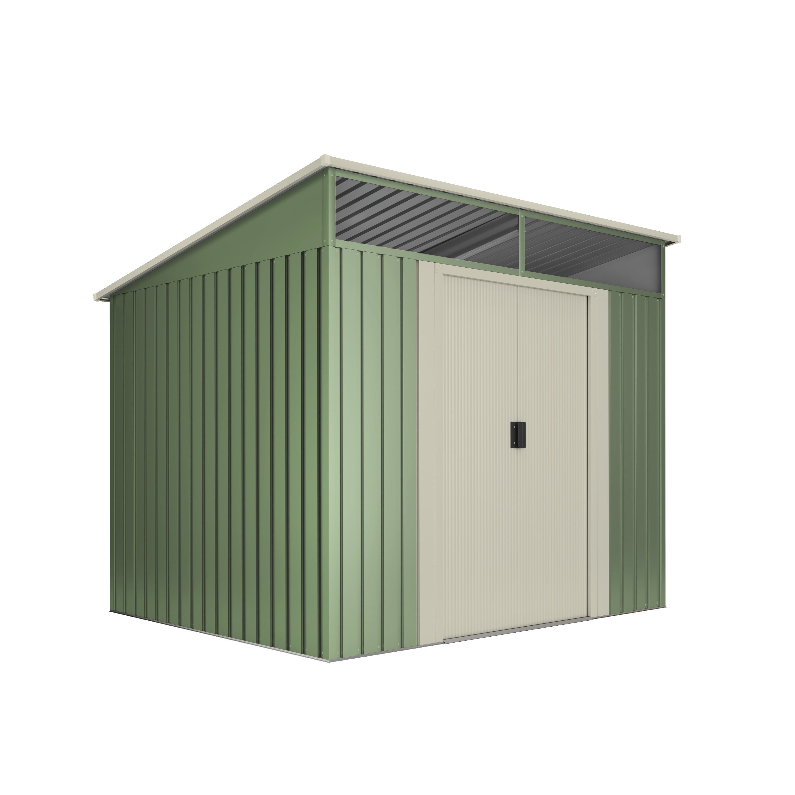 Domek narzędziowy metalowy Stark 4,6 m², 194x238x203 cm, świetlik z poliwęglanu, drzwi przesuwne, dach skośny, zielono-beżowy, schowek