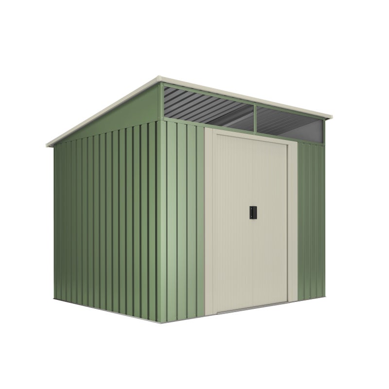 Domek narzędziowy metalowy Stark 4,6 m², 194x238x203 cm, świetlik z poliwęglanu, drzwi przesuwne, dach skośny, zielono-beżowy, schowek