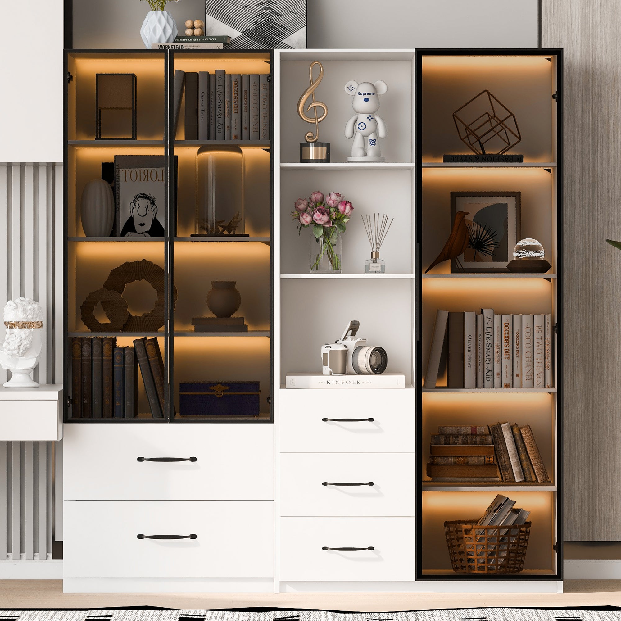 Witryna z 5 szufladami, 3 szklanymi drzwiami i 3 półkami - 140 x 40 x 160 cm - Płyta wiórowa - Diody LED - Kolor biały