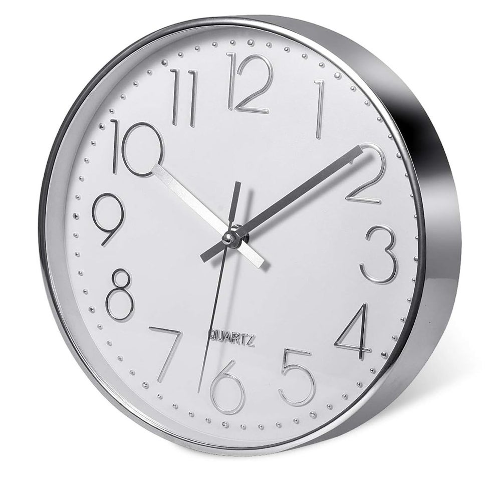 Wysokiej jakości srebrny zegar ścienny (20 cm/12'', srebrny), nowoczesny cichy zegar ścienny bez tykania, idealny do kuchni, domu