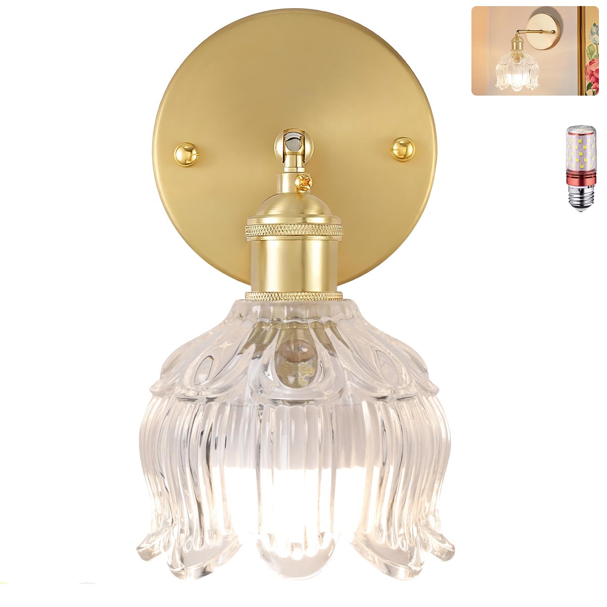 Lampa ścienna z żarówką Lampa nocna w stylu vintage Lampa ścienna do lustra w łazience Lampa ścienna w kwiaty ze szklanym kloszem