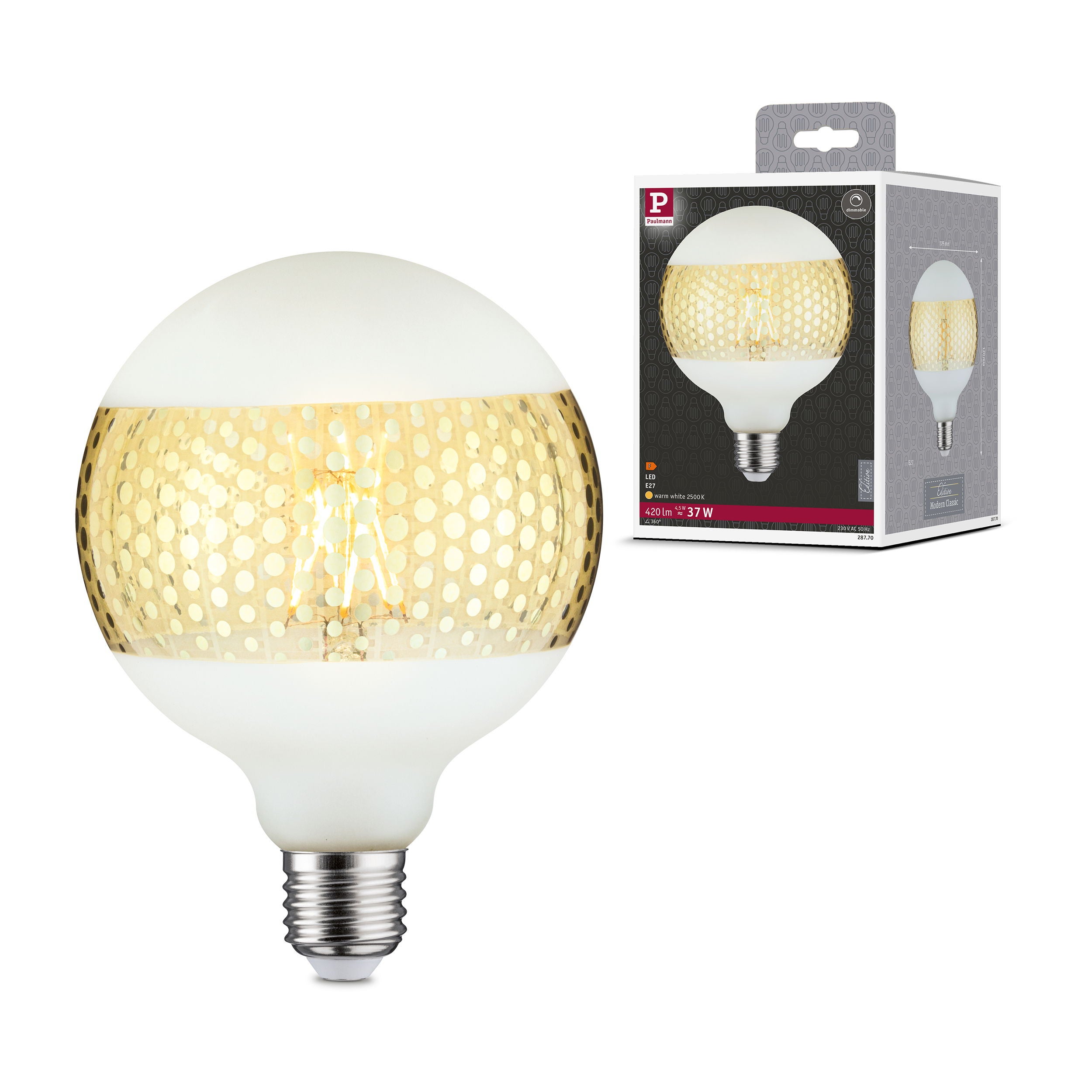 Modern Classic Edition Standard 230 V Globe LED Anneau réfléchissant E27 420lm 4,5W 2500K gradable Anneau réfléchissant doré