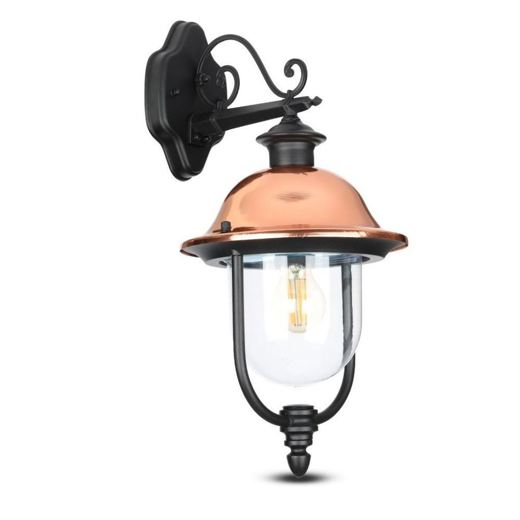 Kinkiet LED Lantern z uchwytem na żarówkę E27 skierowanym w dół, kolor czarny i miedziana nasadka, IP44