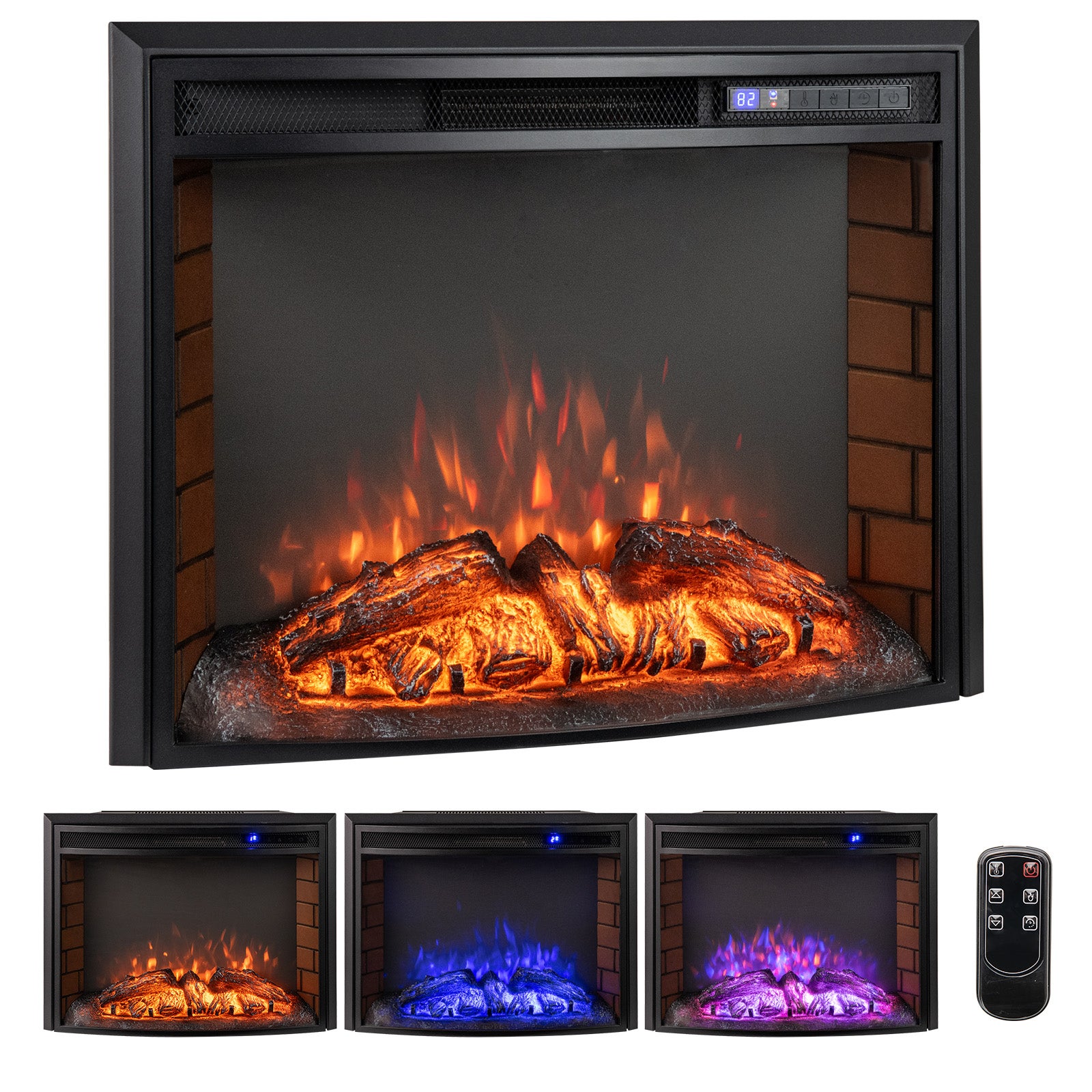 Elektryczny kominek ścienny do zabudowy, zakrzywiony, kominek grzewczy 17°C do 28°C 750 W/1500 W, zabezpieczenie przed przegrzaniem, timer 6 godzin