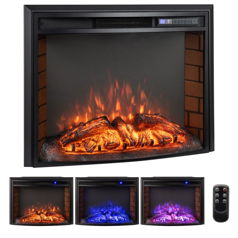 Elektryczny kominek ścienny do zabudowy, zakrzywiony, kominek grzewczy 17°C do 28°C 750 W/1500 W, zabezpieczenie przed przegrzaniem, timer 6 godzin