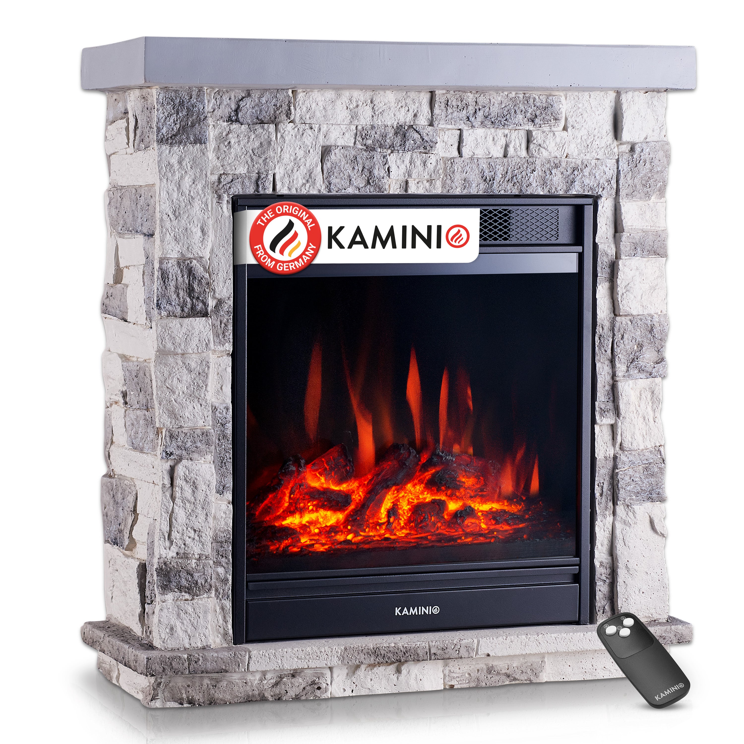 KAMINIO Kominek elektryczny JUAN – elektryczny kominek stojący o wyglądzie kamienia z ogrzewaniem, efektem płomienia 3D, pilotem – Szary