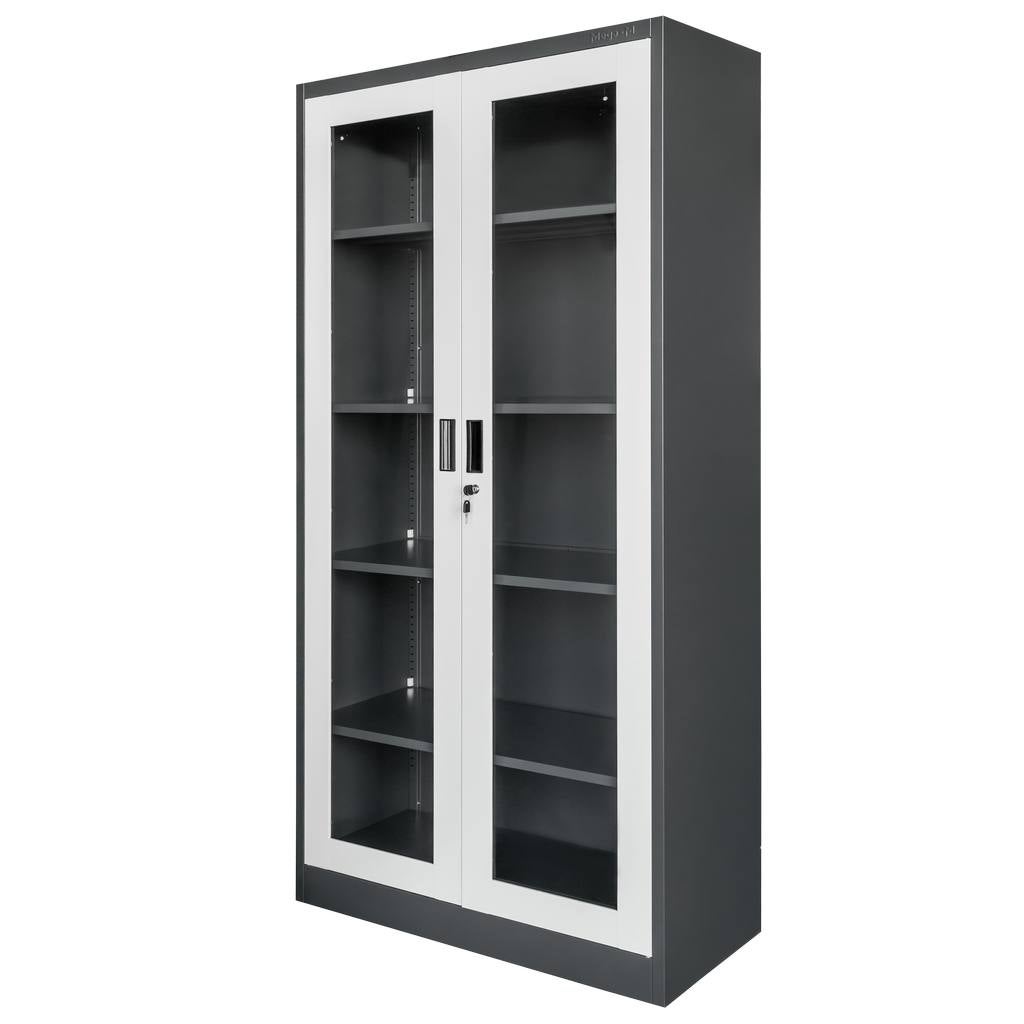 Szafa metalowa biurowa Mega-M WENUS W-07 na akta i dokumenty przeszklone drzwi grafitowa szary front 90x40x185 cm skręcana