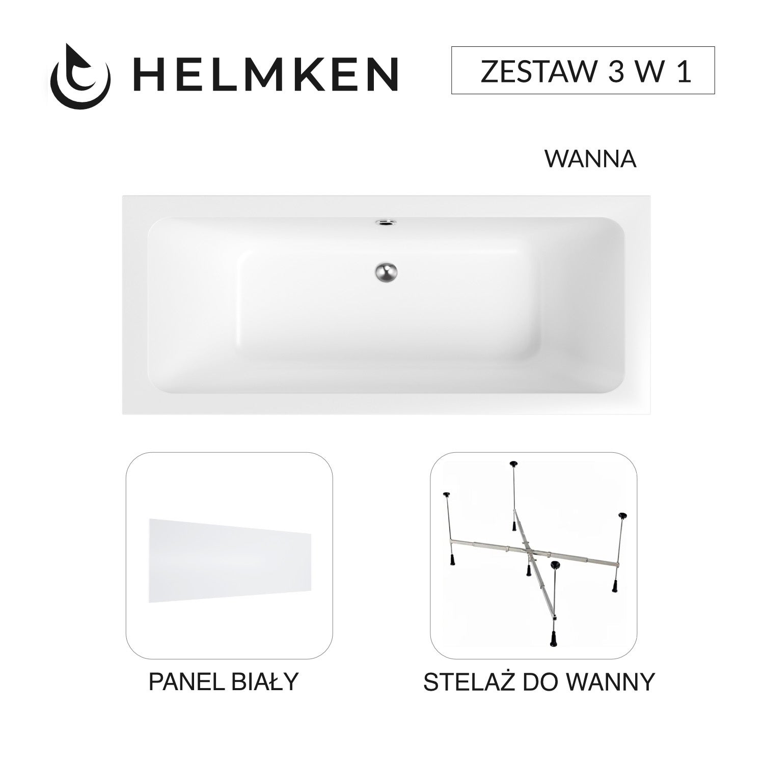 Wanna akrylowa Helmken Olympia 180x80 + Panel Biały + Stelaż uniwersalny do wanien Helmken 21230020 / 35100080-3S