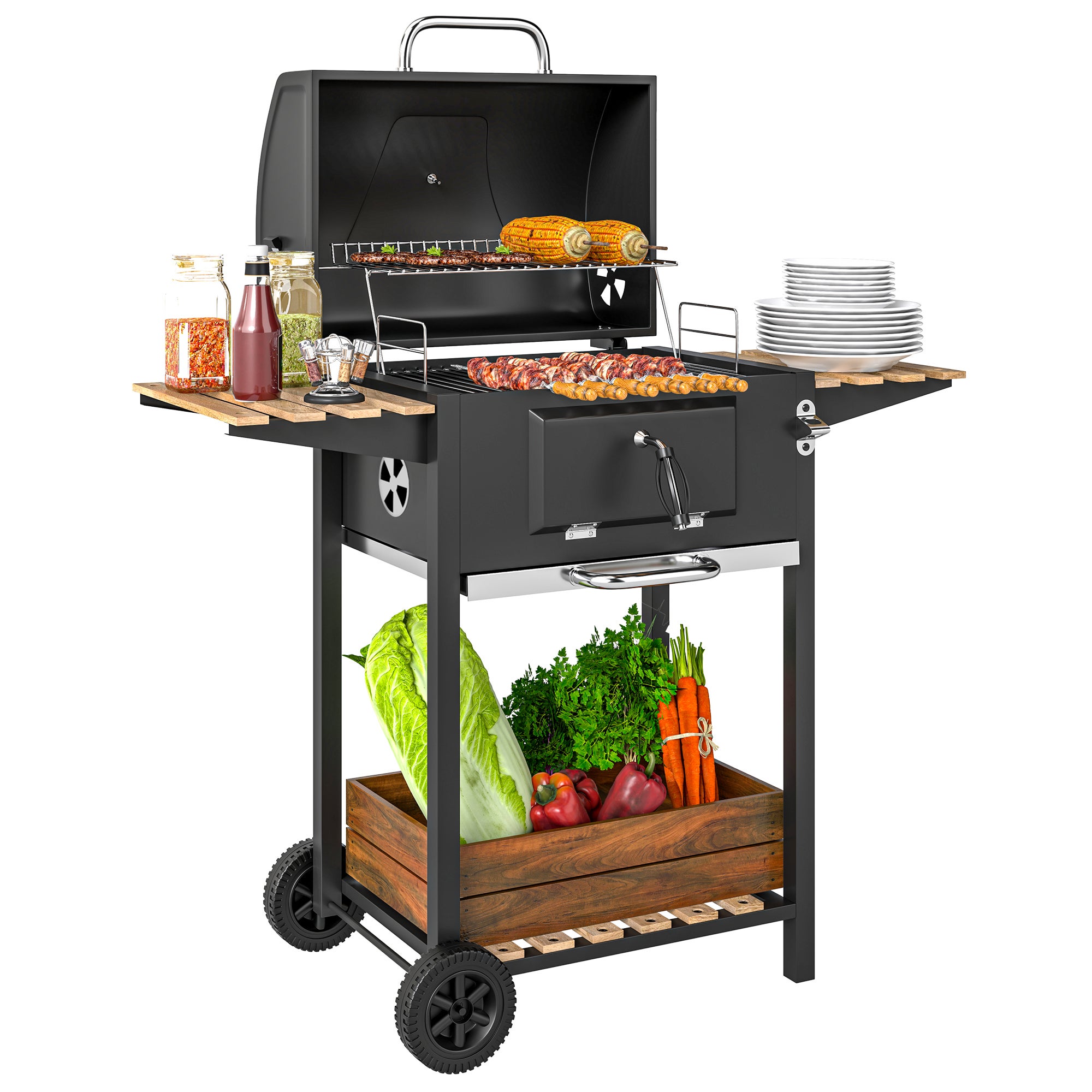 Grill węglowy, regulowany, wózek, półki, czarny
