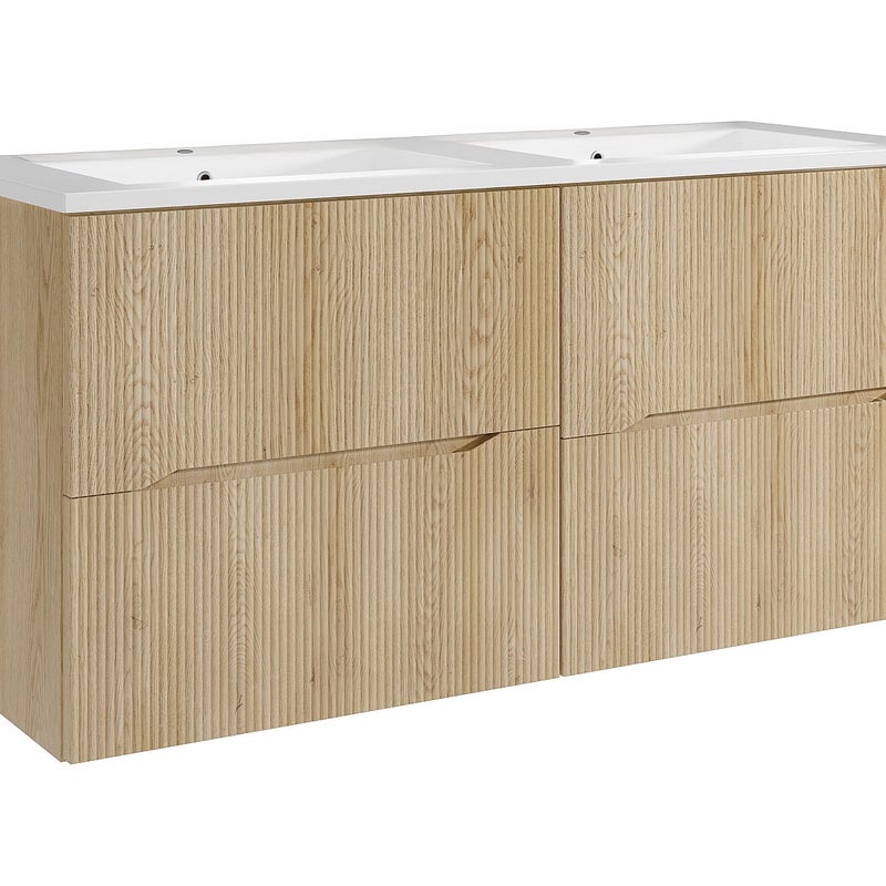 Podwieszana szafka łazienkowa prążkowana z umywalką wpuszczaną - Jasny naturalny - 120 cm - ORISO