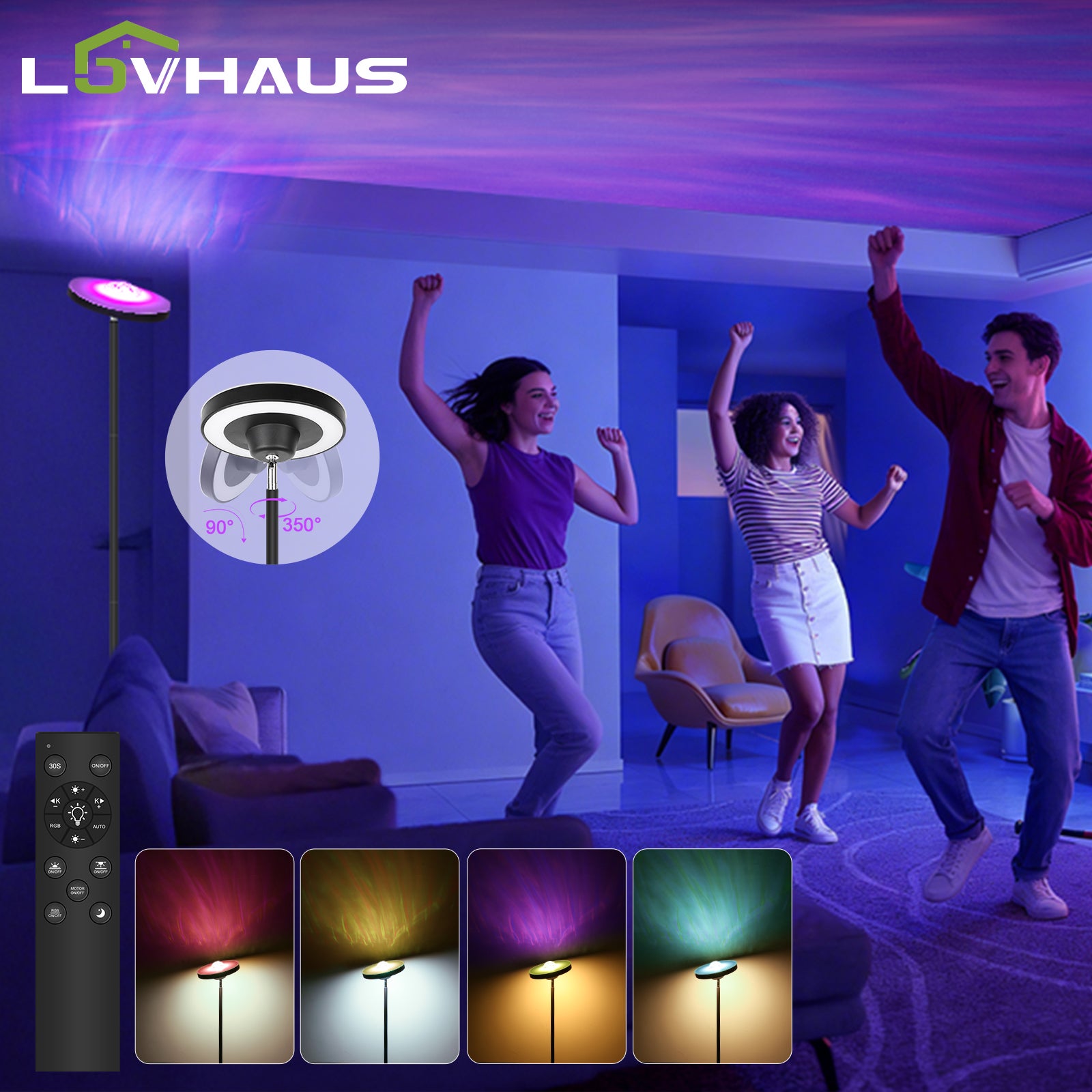 Lampa stojąca LED 24W czarna RGB, salon sypialnia dziecięcy, światło falowe, 2700-6500K regulowane, nowoczesna lampa stojąca, LOVHAUS