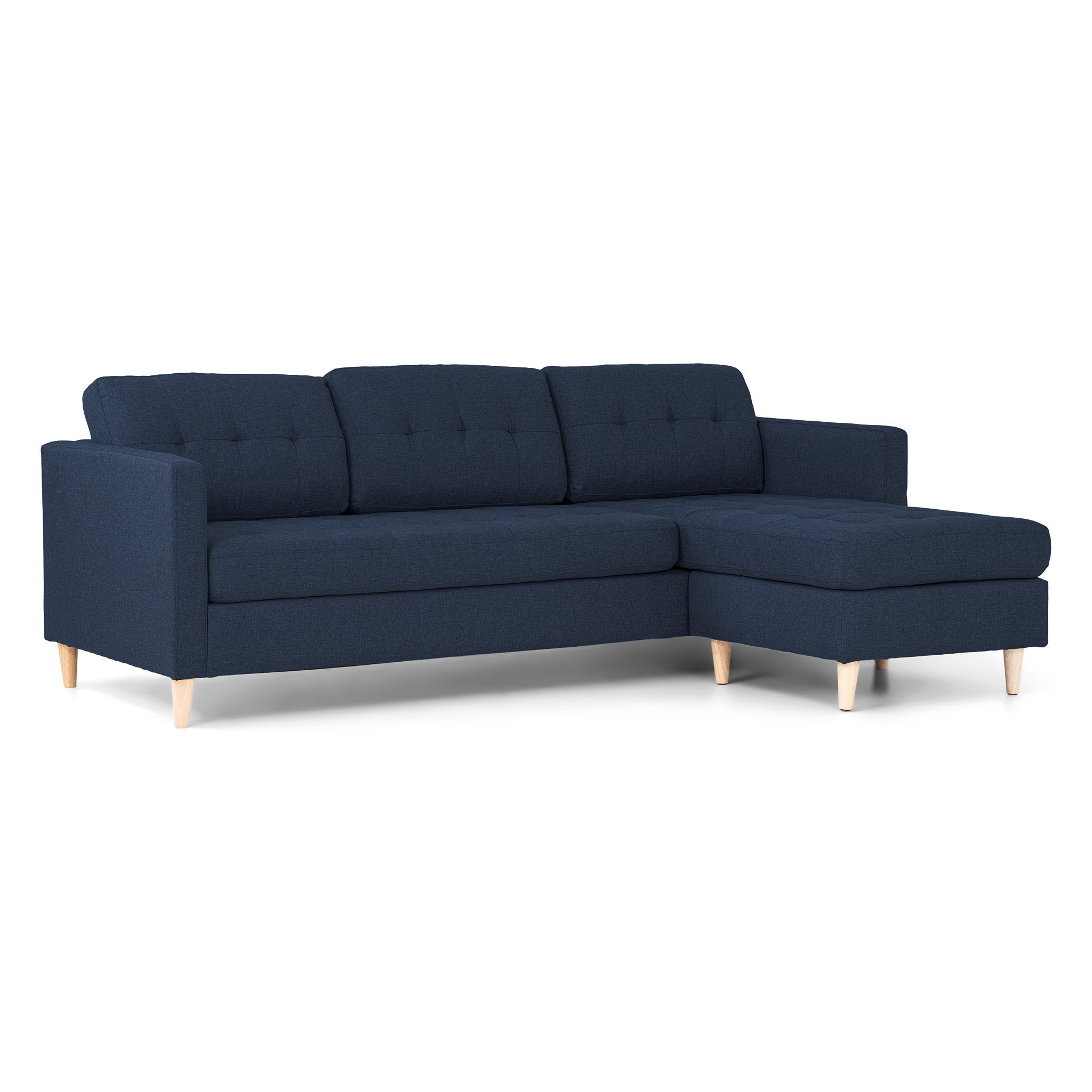 Marino sofa, szezląg prawy albo lewy niebieska tkanina z drewnianymi nogami.