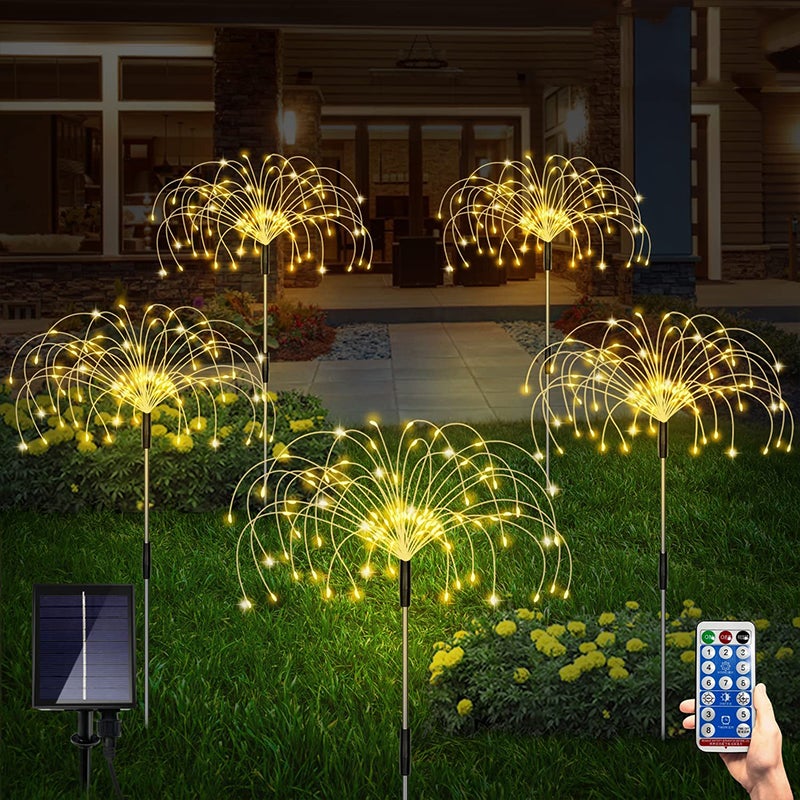 Zestaw 5 solarnych lamp ogrodowych, fajerwerki, dekoracyjne lampy solarne, 8 trybów oświetlenia z pilotem, 120 LED (ciepła biel).