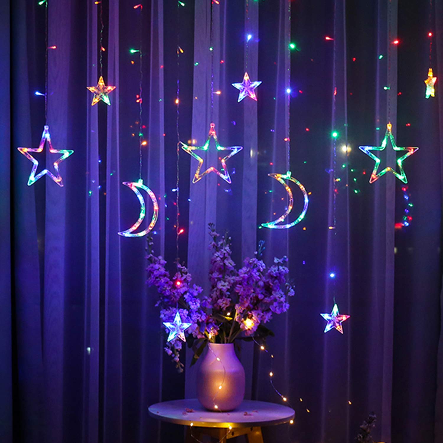 Lampki Kurtyny Gwiazdy Księżyc, Kurtyna Księżycowa Ramadan o długości 3,5 m, Girlanda LED Gwiazdy, Kurtyny Świetlne Gwiazda, Lampa Dekoracyjna na Okno