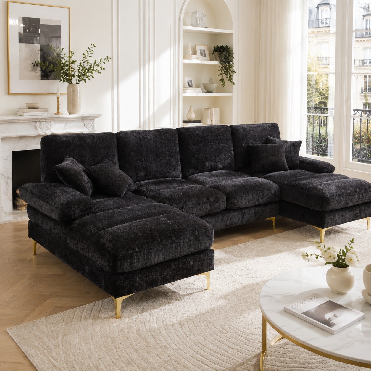 Narożnik w kształcie litery U z szenilu, duża sofa modułowa z podwójnym szezlongiem do salonu