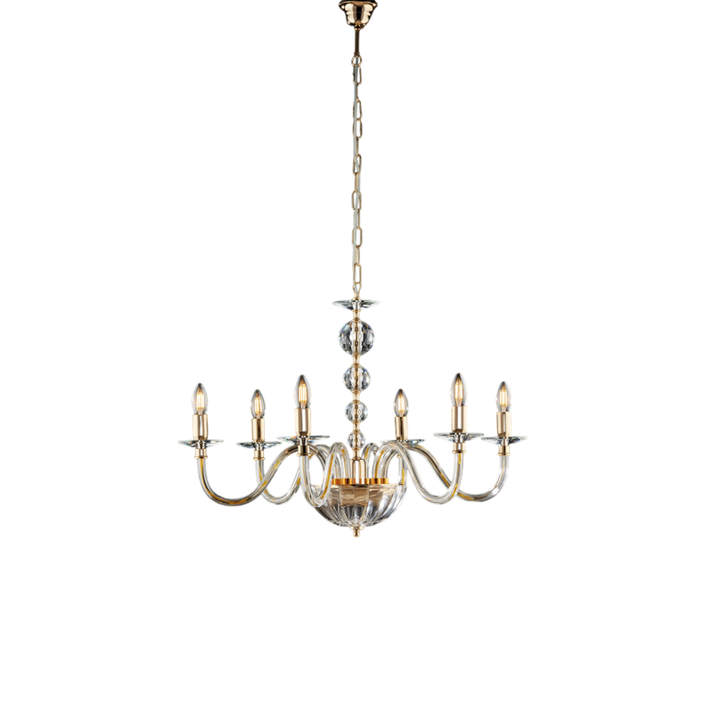 Lampadario in oro con vetro trasparente e strass 6 luci H.56 - MAX 116 - Ø77