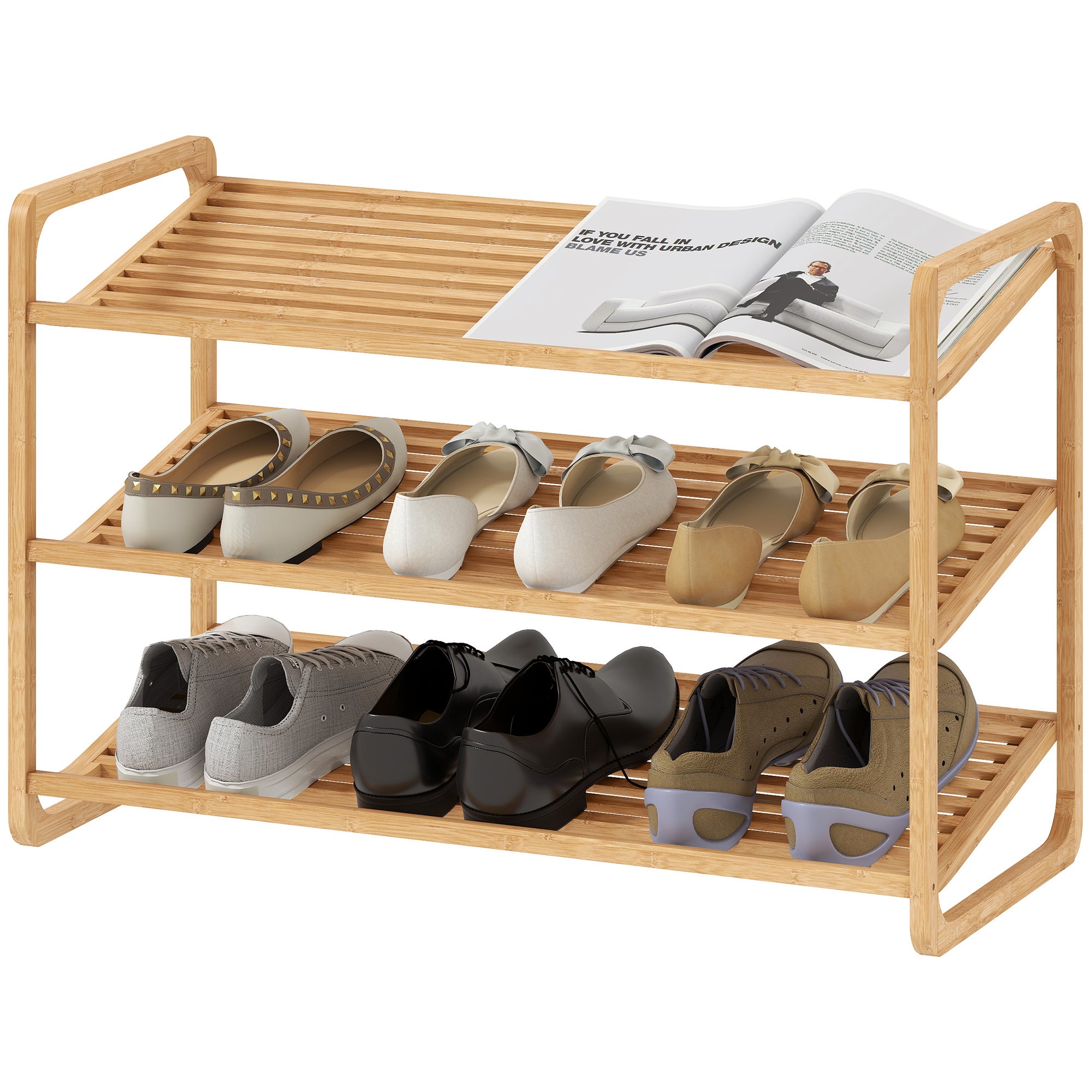 3-poziomowy stojak na buty z bambusa, pojemność 12 par butów, 76 x 33 x 50,8 cm, drewno naturalne