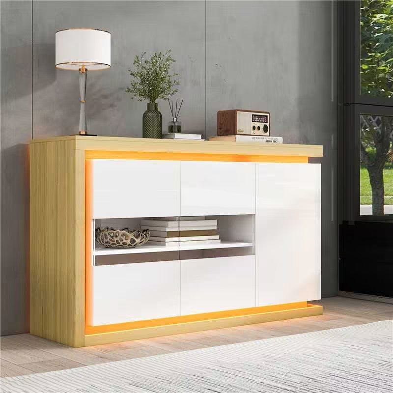 Komoda niska z 3 drzwiami i oświetleniem LED - 140 x 40 x 84 cm - Płyta wiórowa i szkło hartowane - Regulowane półki - Kolor biały i naturalne drewno