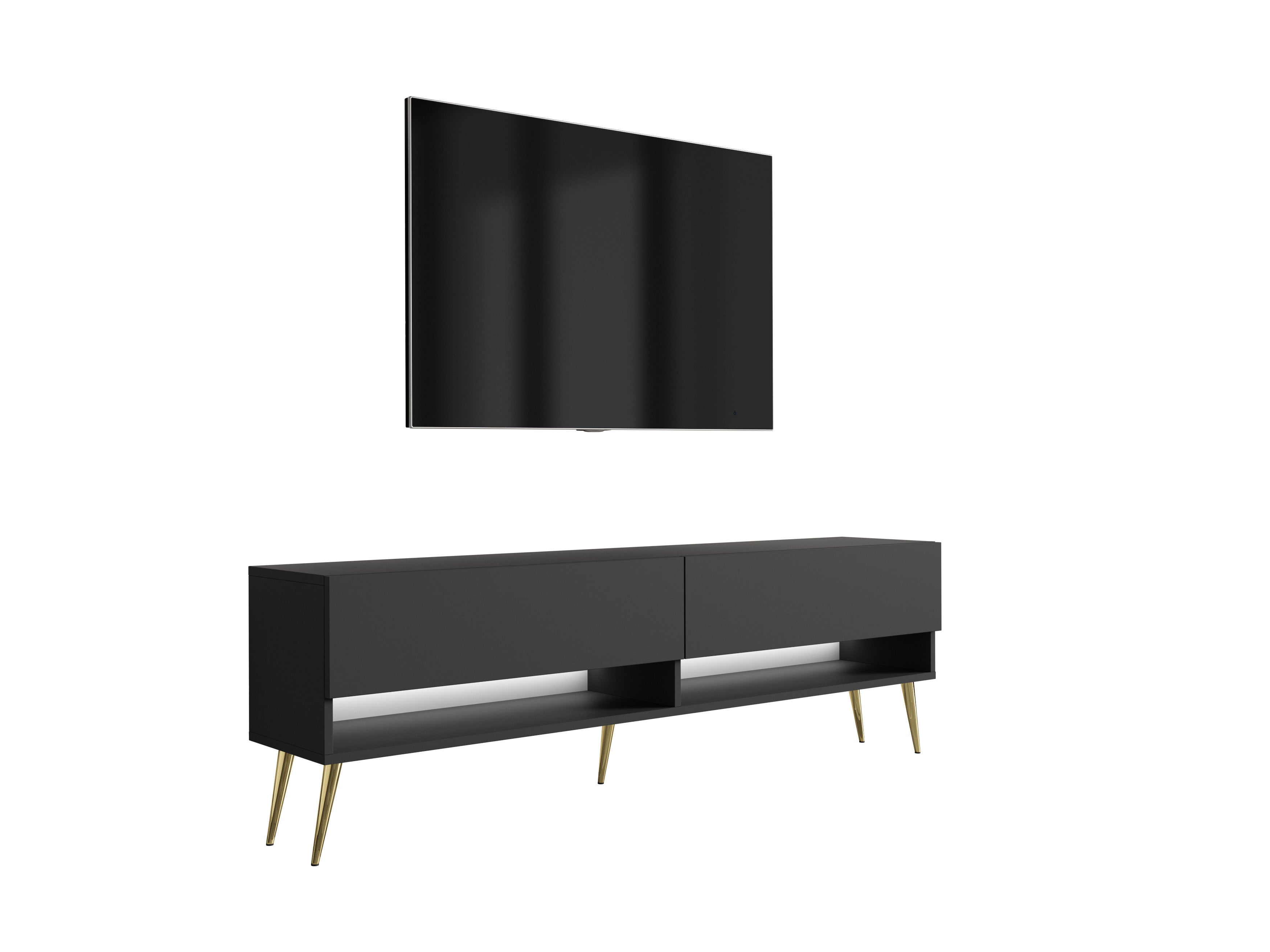 Szafka pod telewizor 170 cm Czarny Mat, nóżki pochyłe złote, LED biały, 170 × 32 × 52 cm
