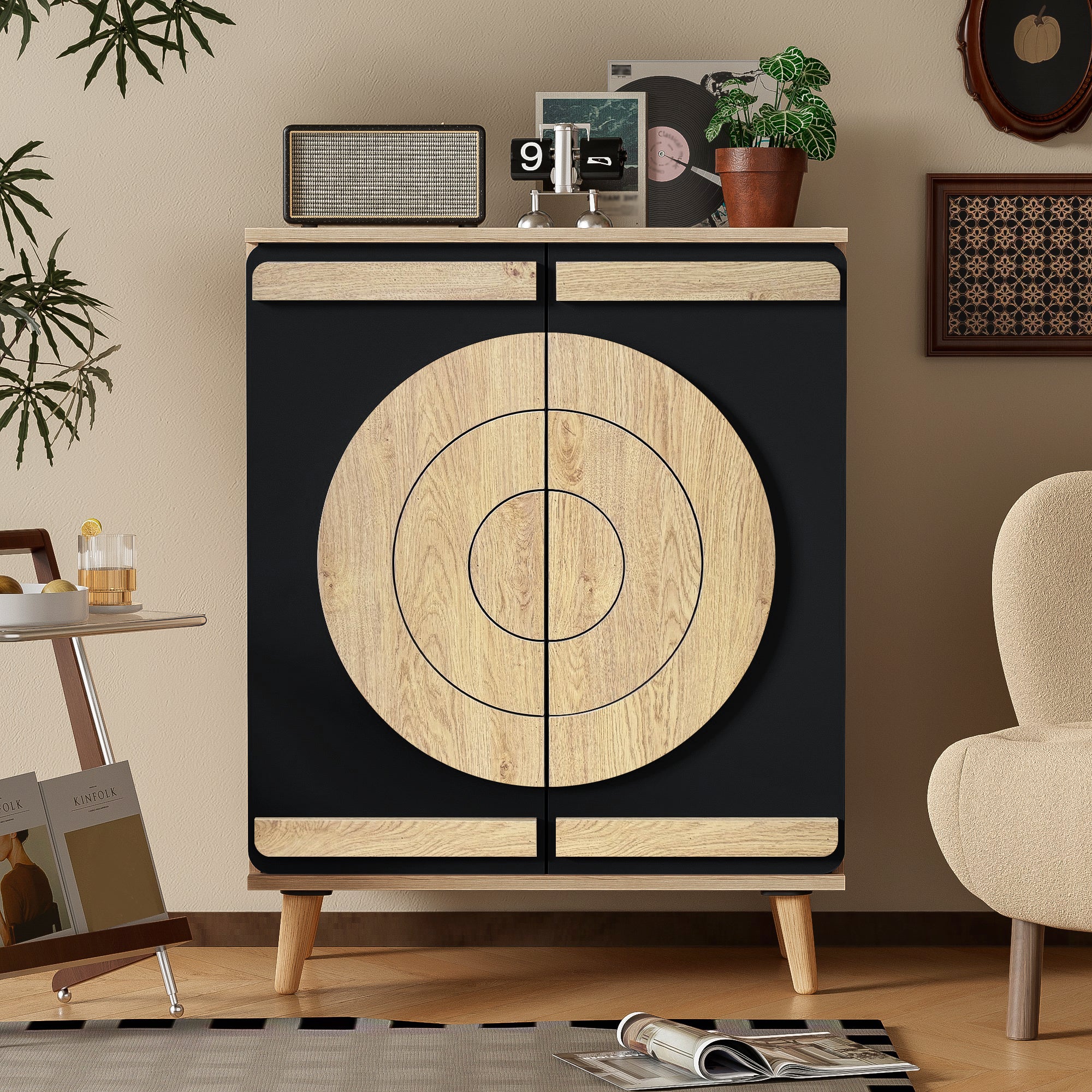 Nowoczesna szafka na buty z 2 geometrycznymi drzwiami - 76 x 37 x 98,5 cm - MDF + nogi drewniane - Czarny + naturalny