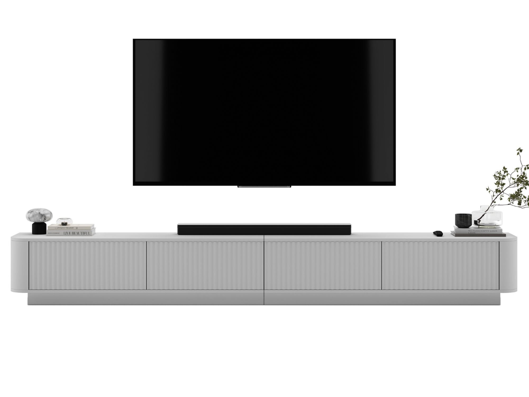 Uniwersalna szafka RTV Glamour 280 cm biały mat, ryflowane fronty, mebel RTV do salonu