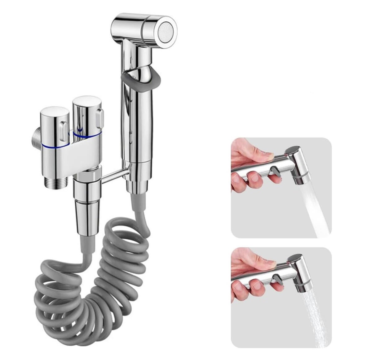 Uniwersalny adapter do dwudrożnego kranu toaletowego z podwójnym zaworem sterującym (1 wejście/2 wyjścia), bidet przenośny (srebrny).