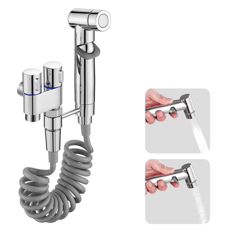 Uniwersalny adapter do dwudrożnego kranu toaletowego z podwójnym zaworem sterującym (1 wejście/2 wyjścia), bidet przenośny (srebrny).