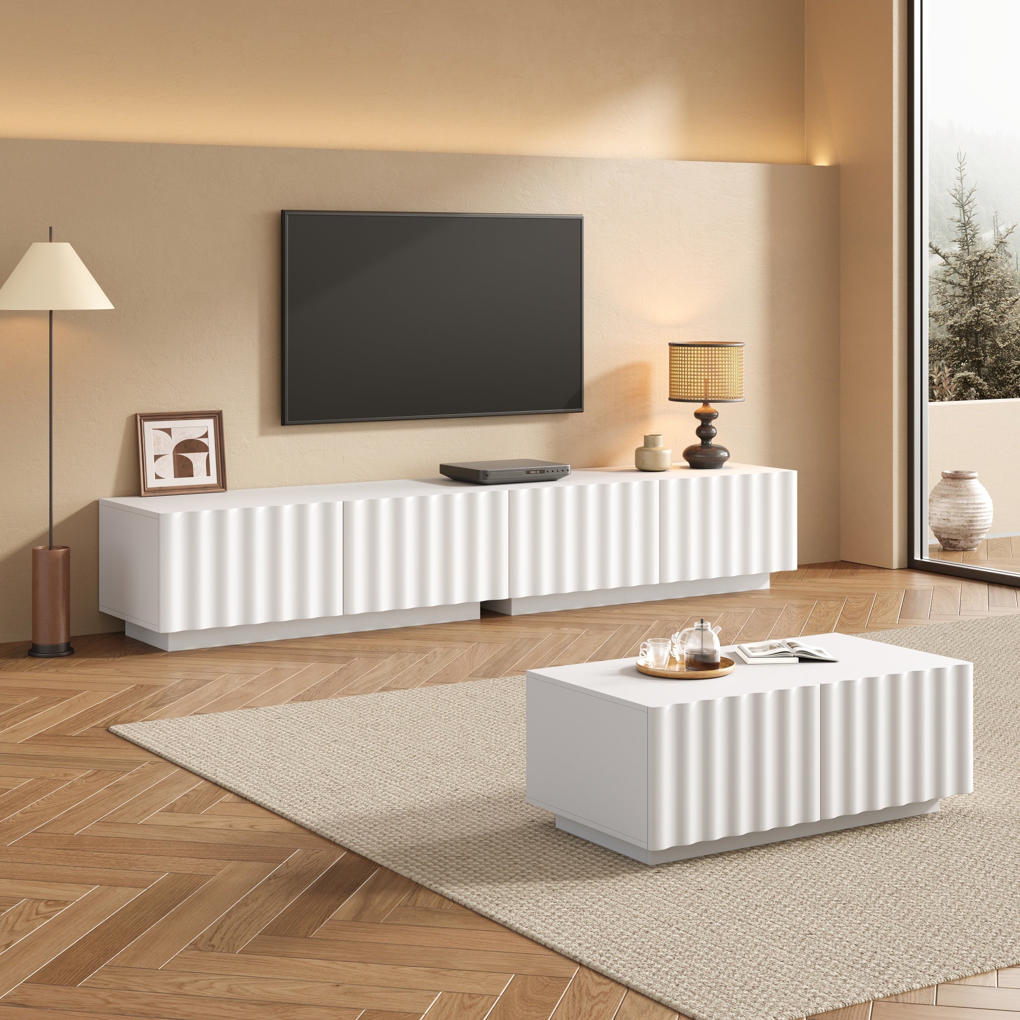 Zestaw stolika RTV i stolika kawowego z falistym wzorem 3D i 6 szufladami - 200 x 40 x 35 cm + 100 x 50 x 40 cm - Płyta MDF i płyta wiórowa - Biały