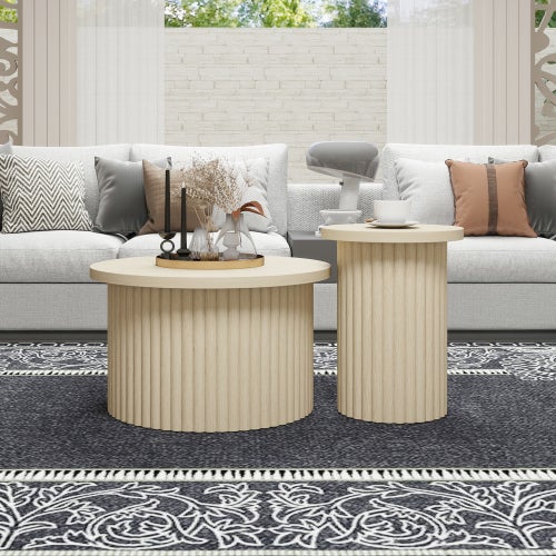 Stolik okrągły zestaw 2 szt z MDF naturalny z pojemnikiem, otwierany blat, nowoczesny design, salon, sypialnia, biuro, solidny