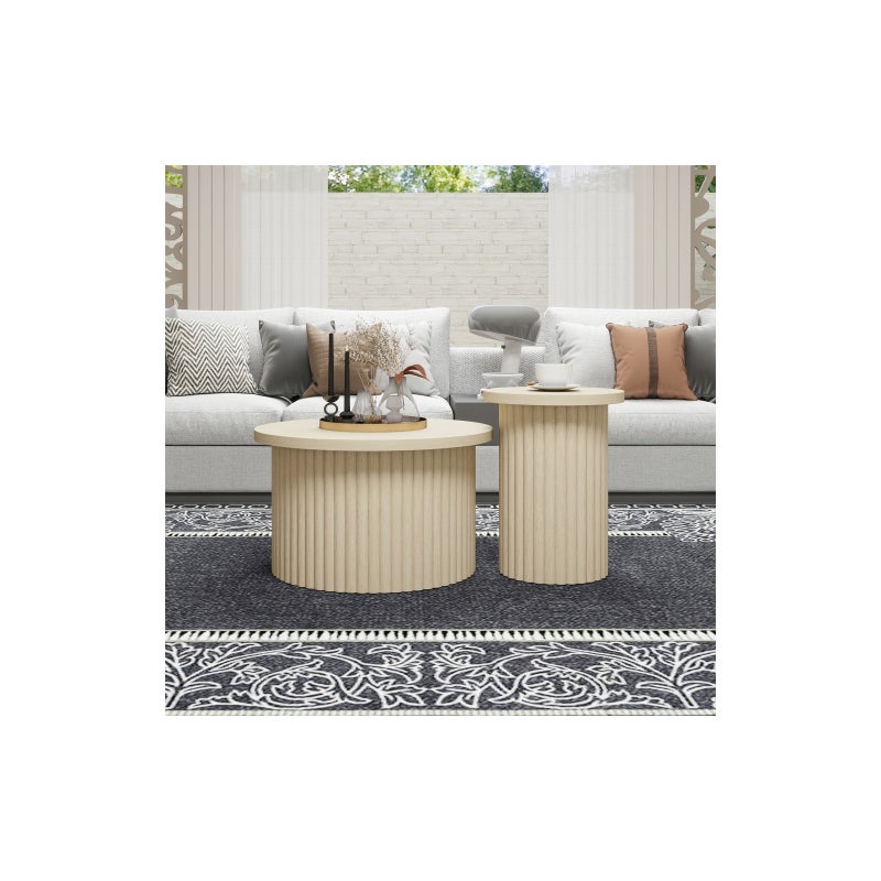Stolik okrągły zestaw 2 szt z MDF naturalny z pojemnikiem, otwierany blat, nowoczesny design, salon, sypialnia, biuro, solidny