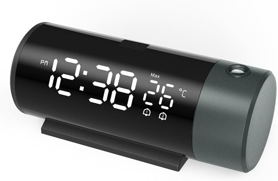 Budzik projekcyjny z wyświetlaczem temperatury, funkcją ładowania przez USB, regulowanym kątem 180 stopni, czterema poziomami jasności, projektor