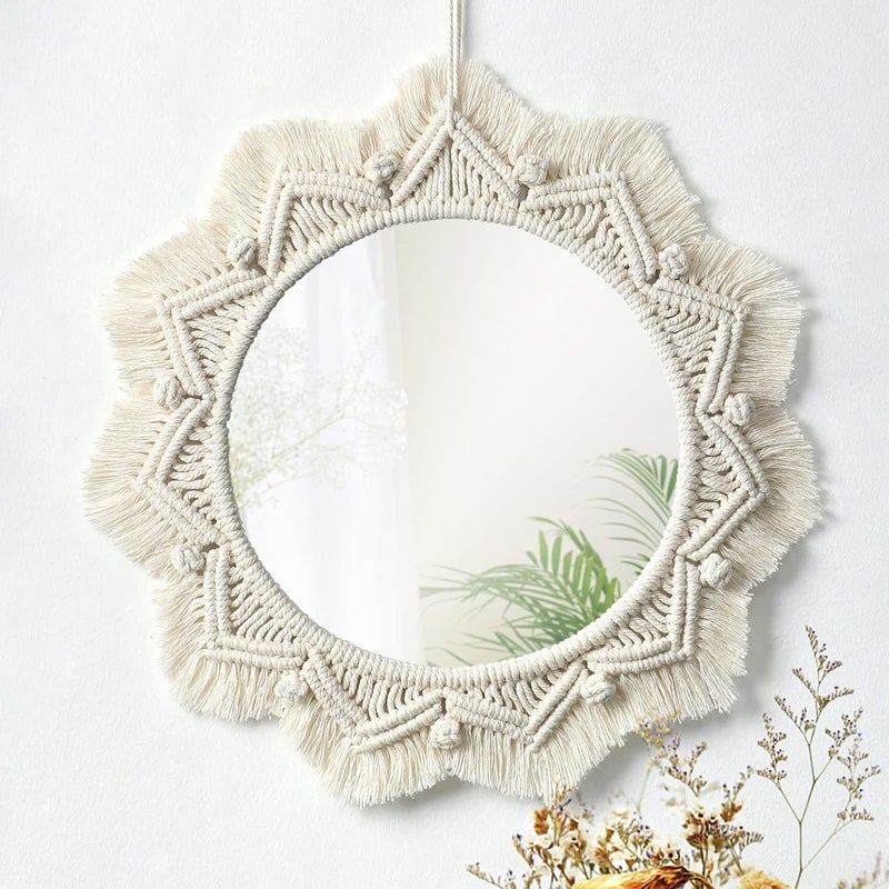 1szt Lustro ścienne Boho Mirror Art Décor Macramé Frange Dekoracyjne okrągłe lustra Ozdoba na ścianę Mieszkanie Dom Sypialnia Pokój dzienny Dekoracja