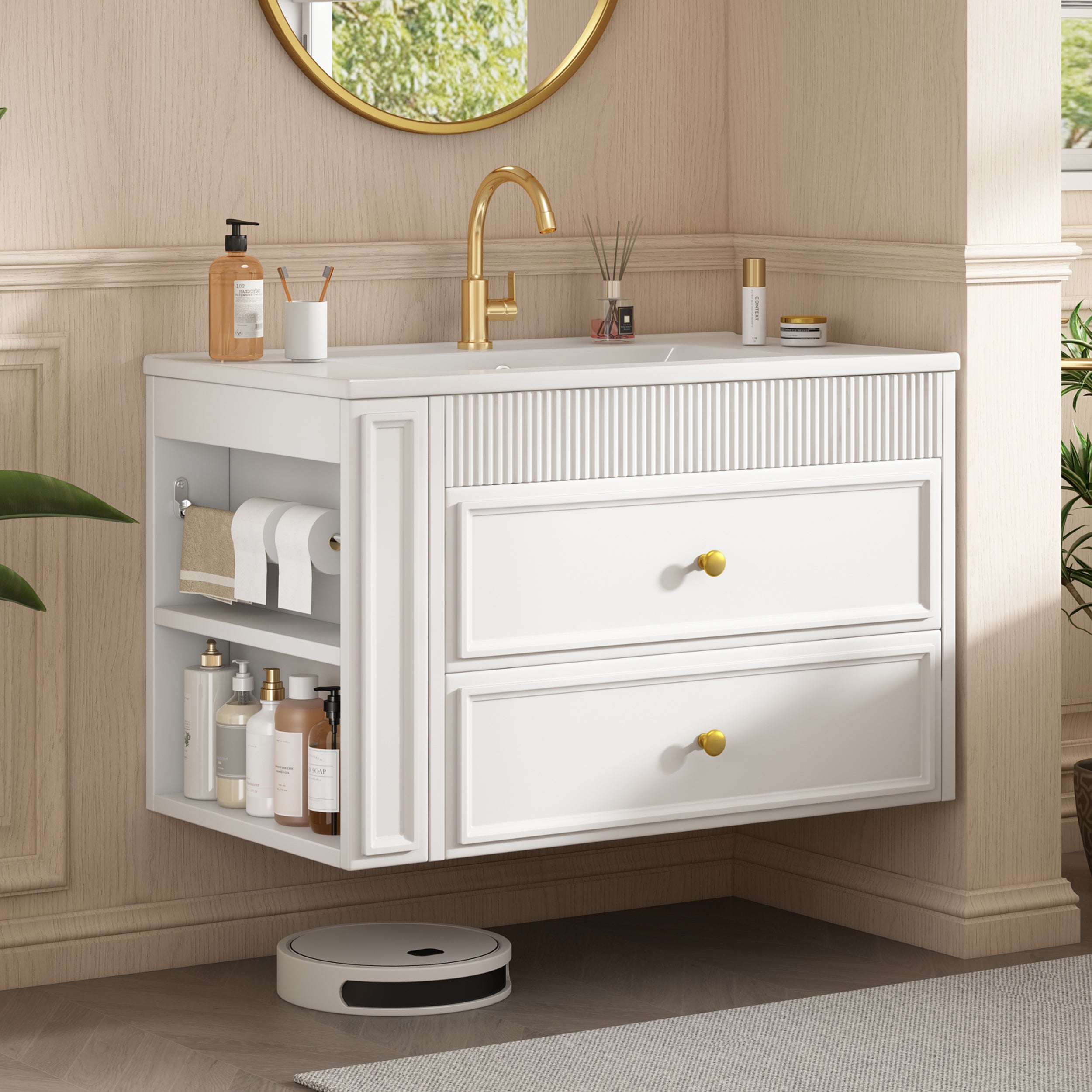 Szafka łazienkowa wisząca 81 cm – szafka łazienkowa z ceramiczną umywalką, 2 szufladami, półką boczną i uchwytem na papier toaletowy - biała