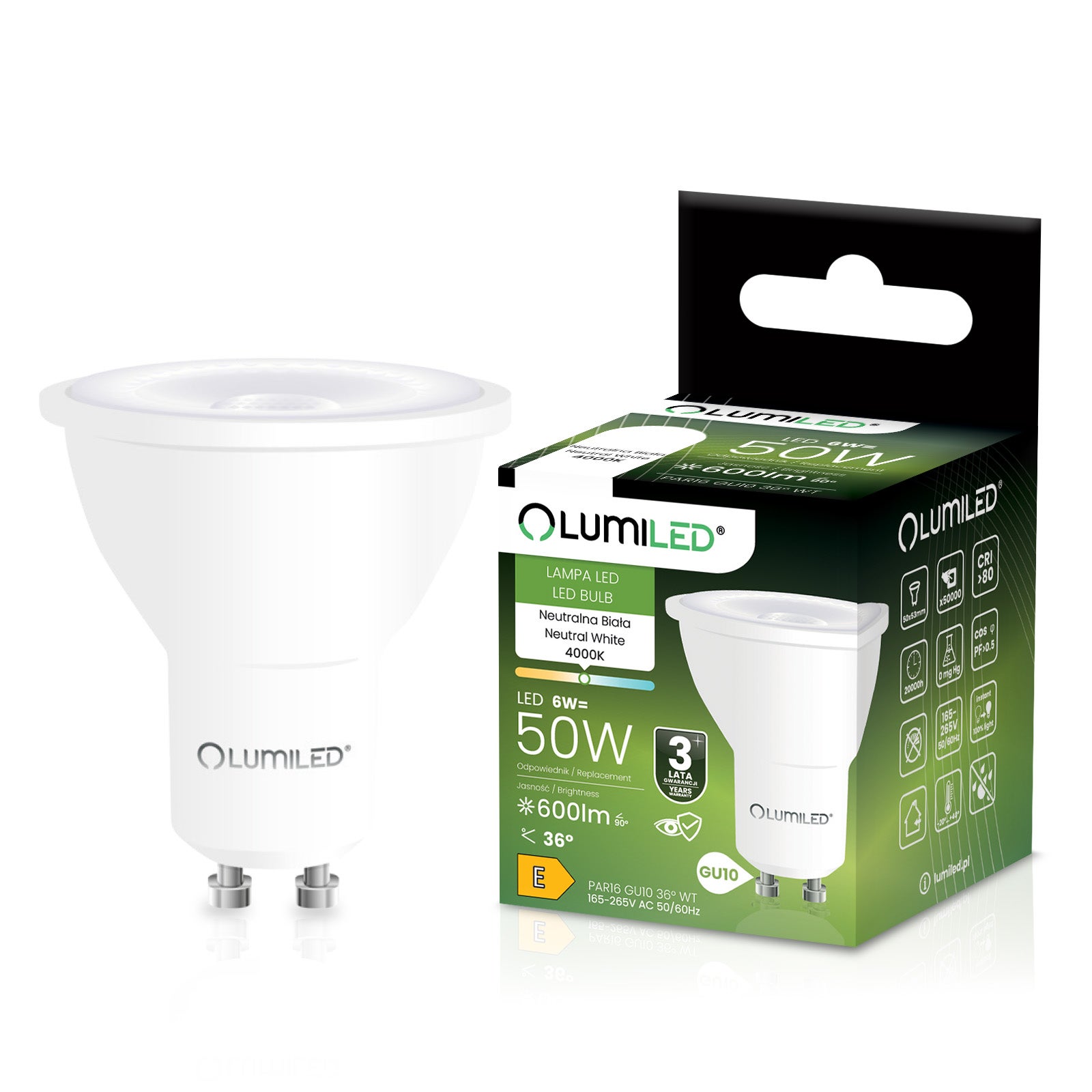 Żarówka LED GU10 Reflektor PAR16 6W 600lm 4000K Neutralna biel 36st LUMILED