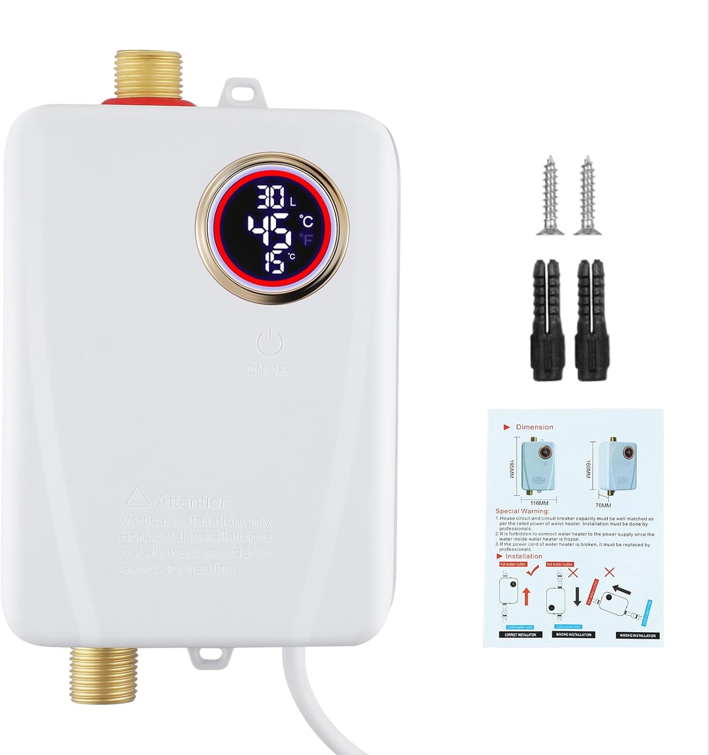 Miniaturowy podgrzewacz wody przepływowy - 3500 W - Z wyświetlaczem temperatury - Do kuchni, łazienek i kamperów - Klasa energetyczna A