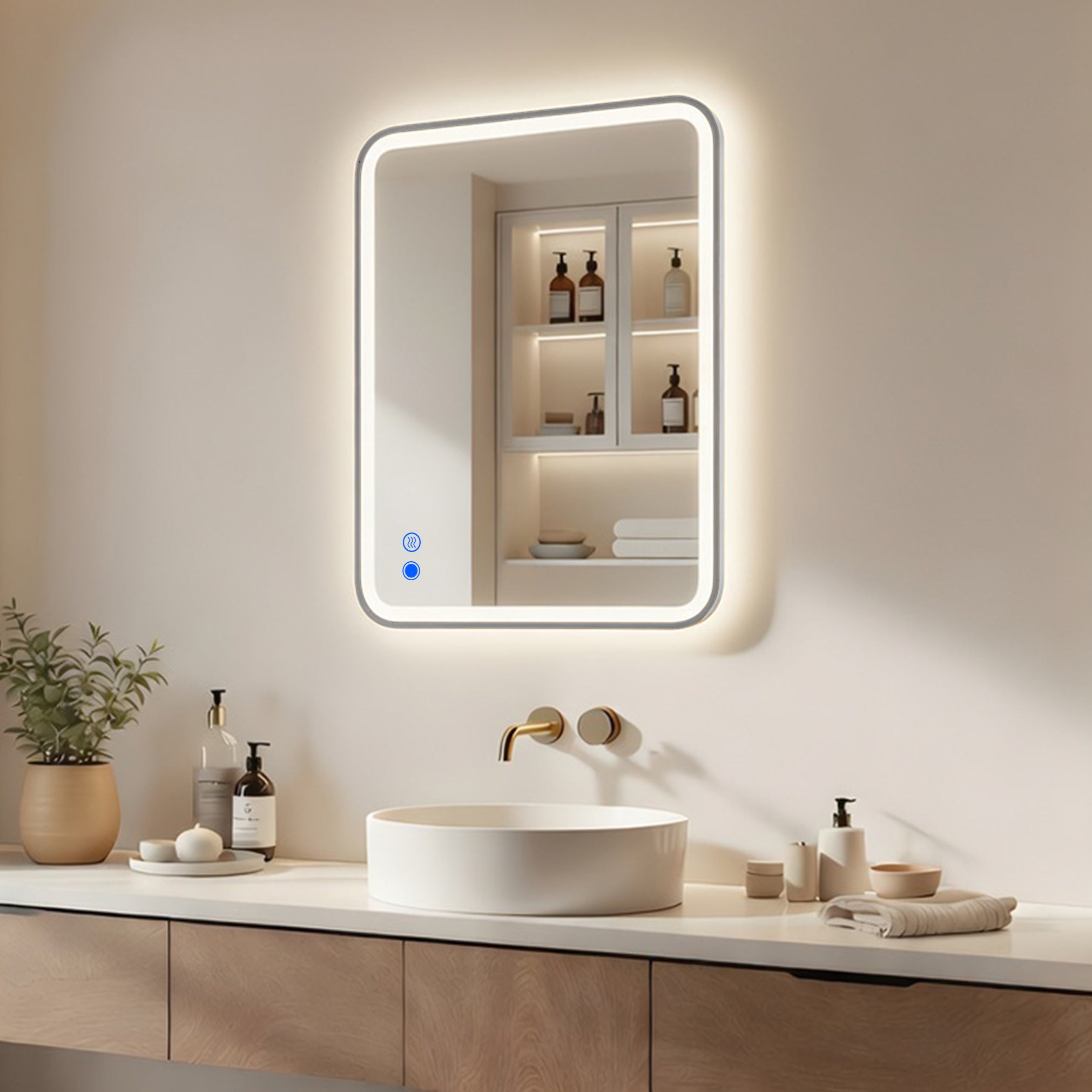 Lustro LED łazienkowe prostokątne arrondi 80x60 cm ARTFORMA – podświetlane, 3 barwy światła, dotykowe, antyzaparowe, rama srebrny szczotkowany