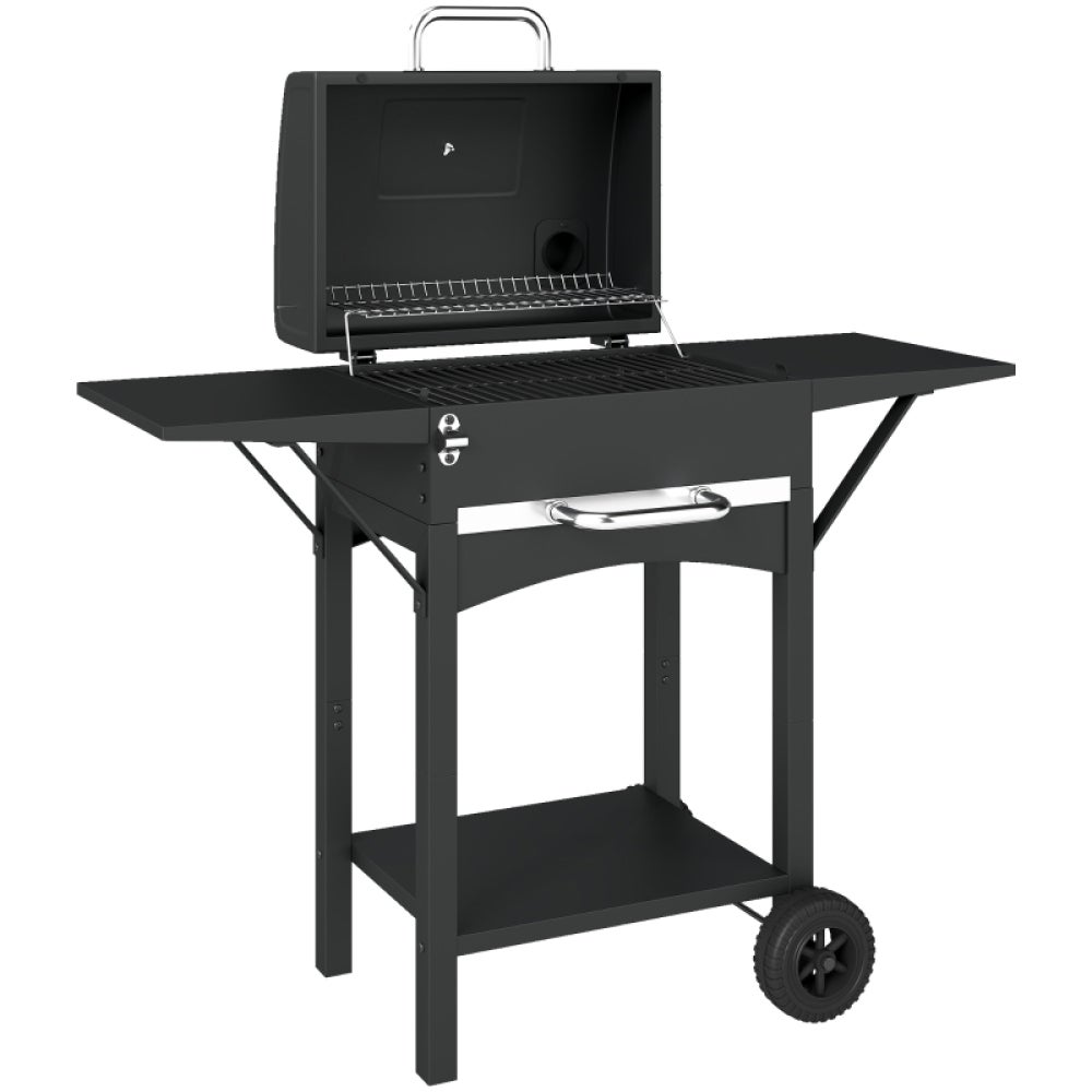 Grill węglowy z pokrywą, 2 stolikami bocznymi, termometrem, kółkami – duży grill 46x31 cm, dla 4-8 osób