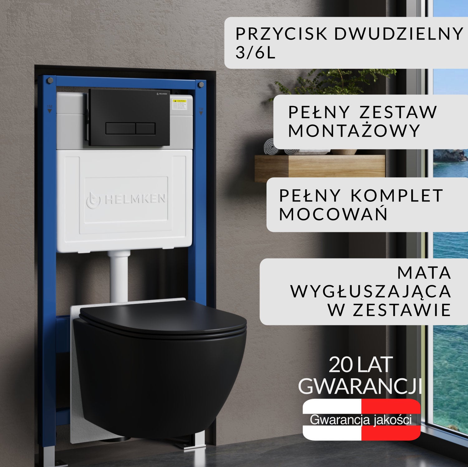 Zestaw podtynkowy WC Helmken 5w1: Stelaż, Czarny Mat Przycisk(HD), Miska bezkołnierzowa Rimless 35103001B (Matowa Czarna), Deska wolnoopadająca, Mata
