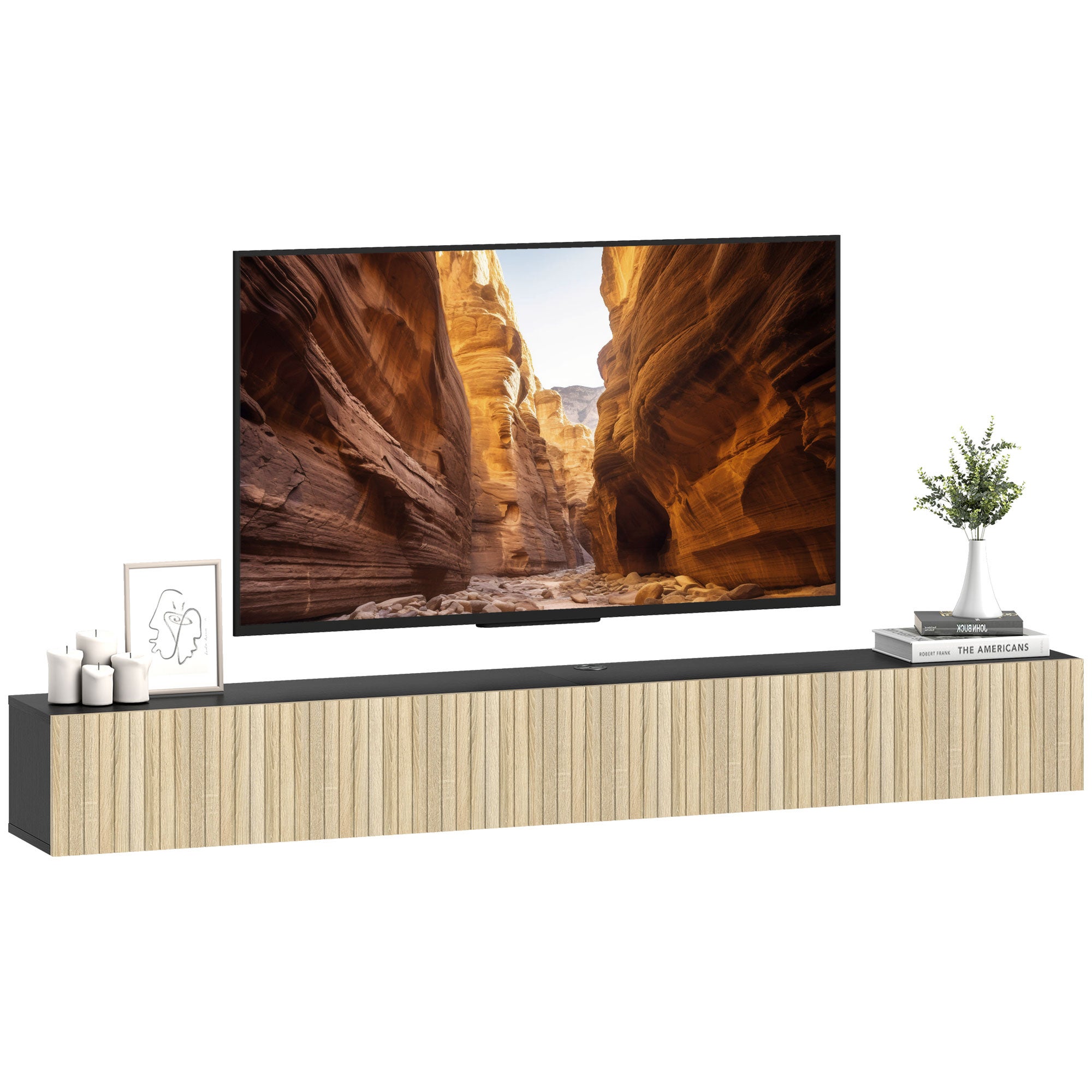 Szafka RTV wisząca 140cm, stolik pod TV 72 cale, 2 drzwi składane, 140x25x22cm, drewno naturalne i kolor czarny