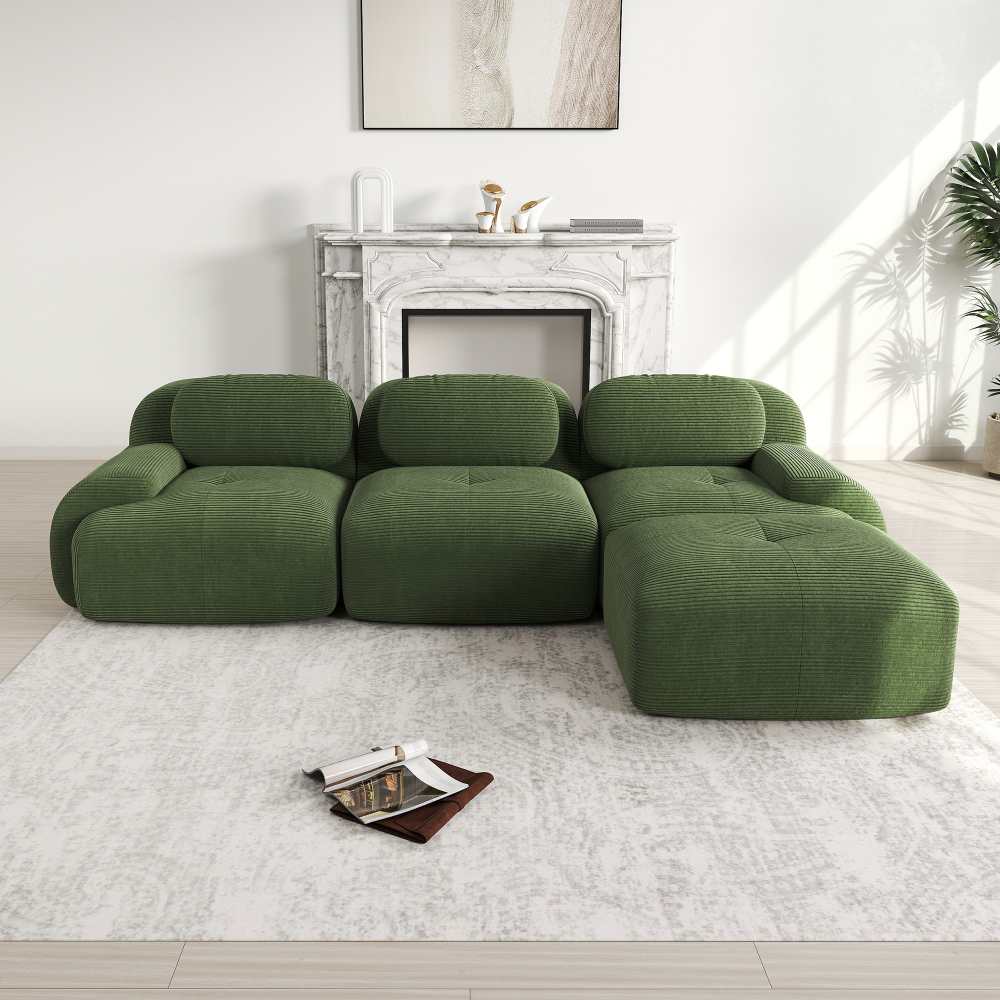 Narożna sofa modułowa, nie wymaga montażu, ergonomiczna, tapicerka z kordu, przyjazna dla zwierząt, wypełnienie 32D