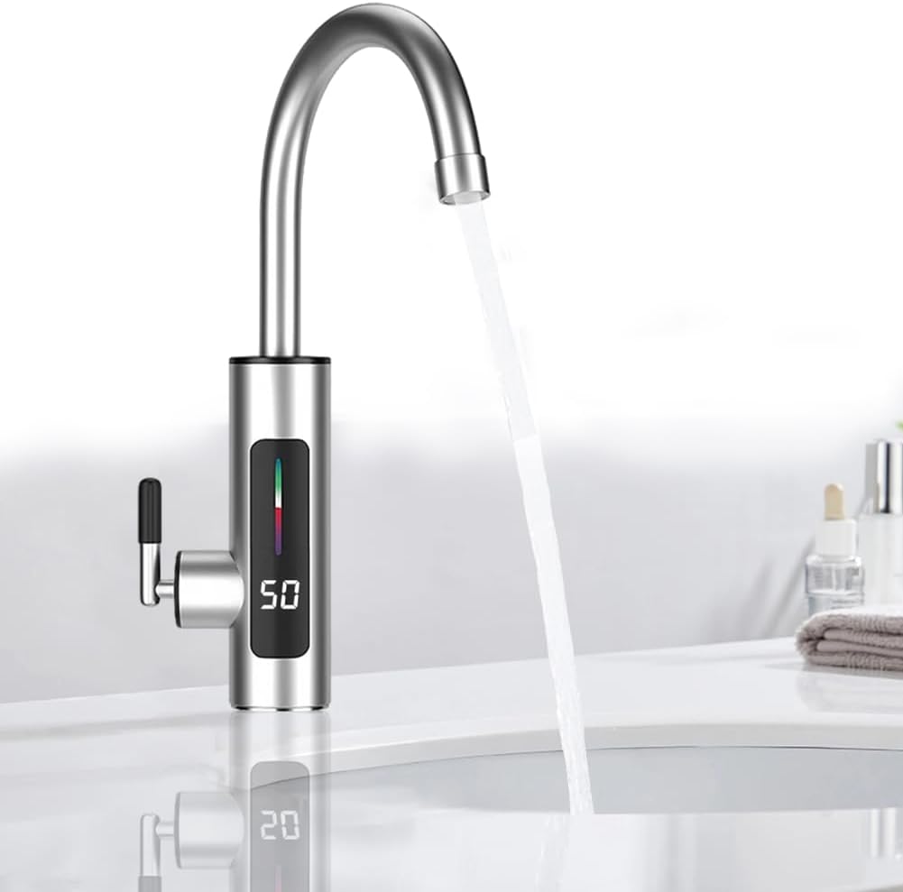 Bateria elektryczna ze stali nierdzewnej - Kran z ciepłą i zimną wodą - Z podgrzewaczem przepływowym - Obrotowa dioda LED 360° - Wyświetlacz temperatu