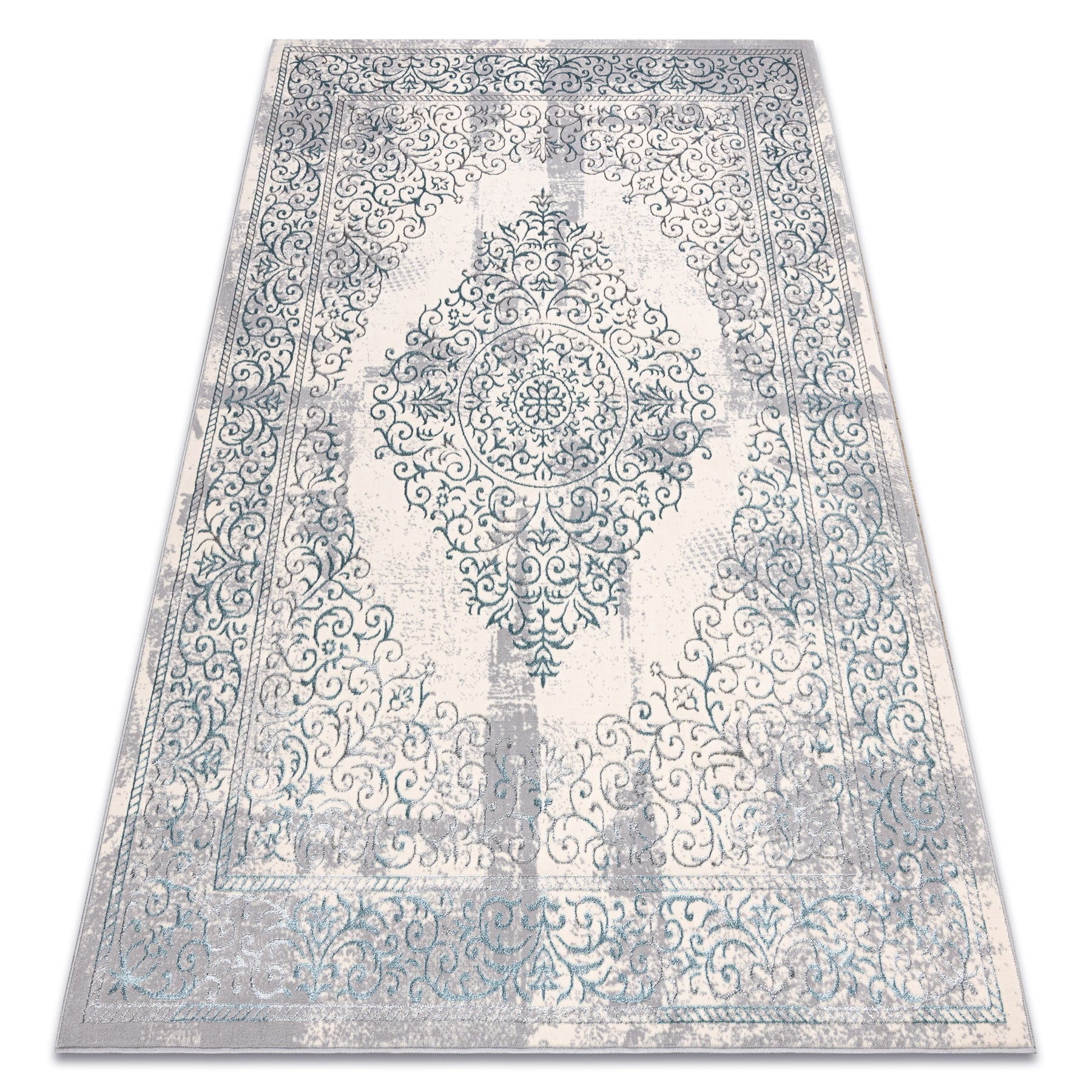 Dywan CORE W7161 Rozeta Vintage - Strukturalny, dwa poziomy runa, jasnoniebieski / krem / szary 180x270 cm
