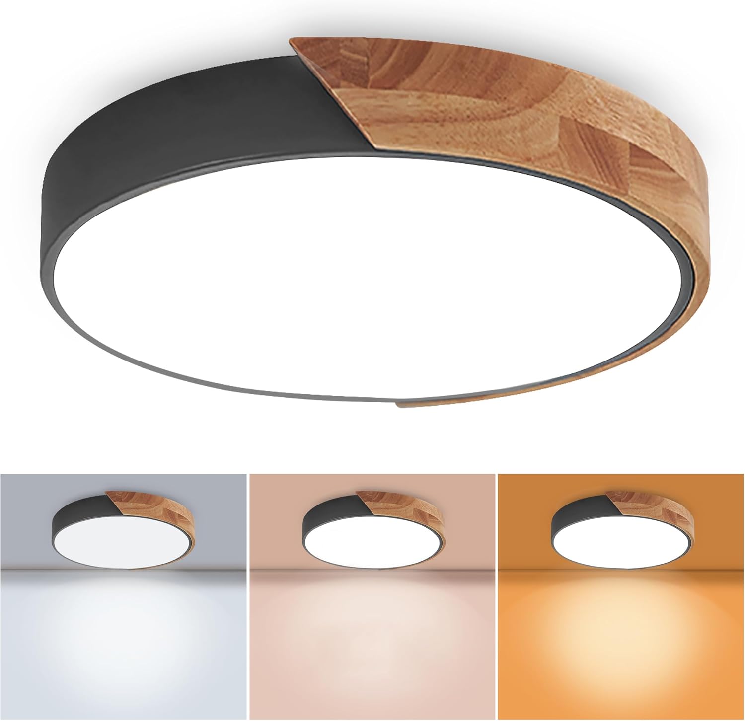 Lampa sufitowa LED, nowoczesna okrągła lampa sufitowa z imitacją czarnego drewna, średnica 30 cm, 25 W, światło trójkolorowe