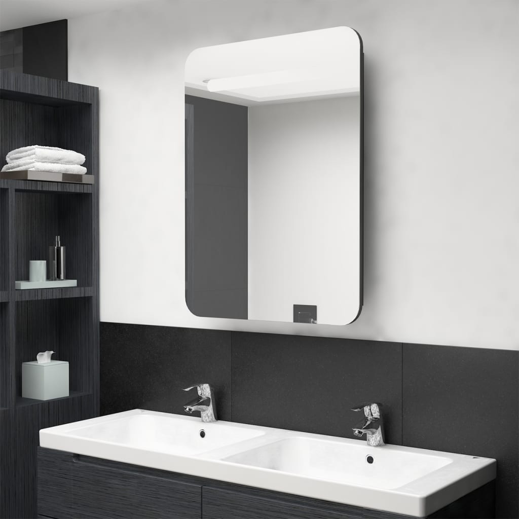 vidaXL Szafka łazienkowa z lustrem, LED, czerń z połyskiem 60x11x80 cm