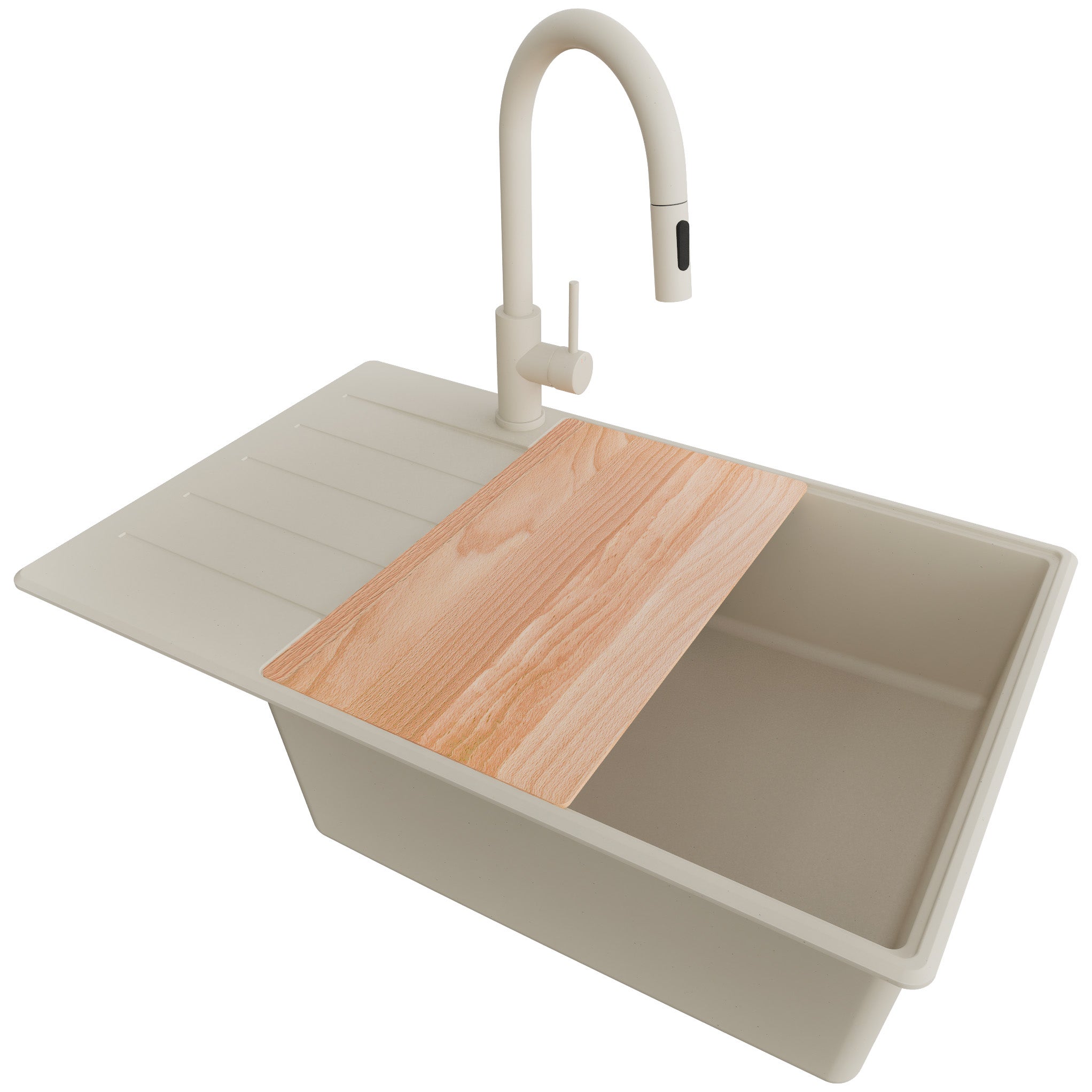 Zlewozmywak Granitowy Beżowy 78x50cm, Zlew Kuchenny 1 Komorowy + Bateria 40x20cm + Syfon + Deska, Nablatowy do szafki od 60cm - Kopenhaga PRIMAGRAN