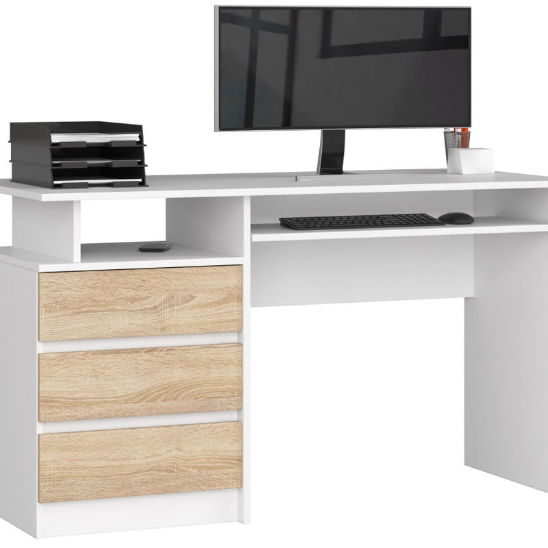 Biurko AKORD CLP Białe 135 cm 3 szuflady kolor Dąb Sonoma mat 2 półki 135x60x77 cm